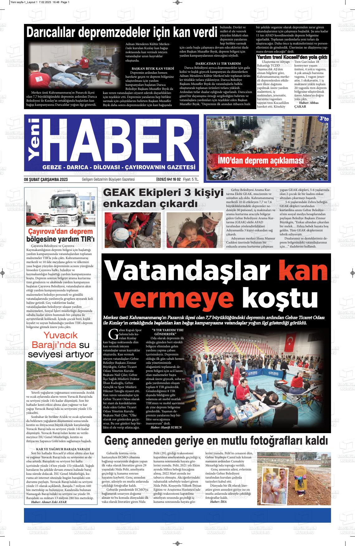 08 Şubat 2023 Gebze Haber Gazete Manşeti