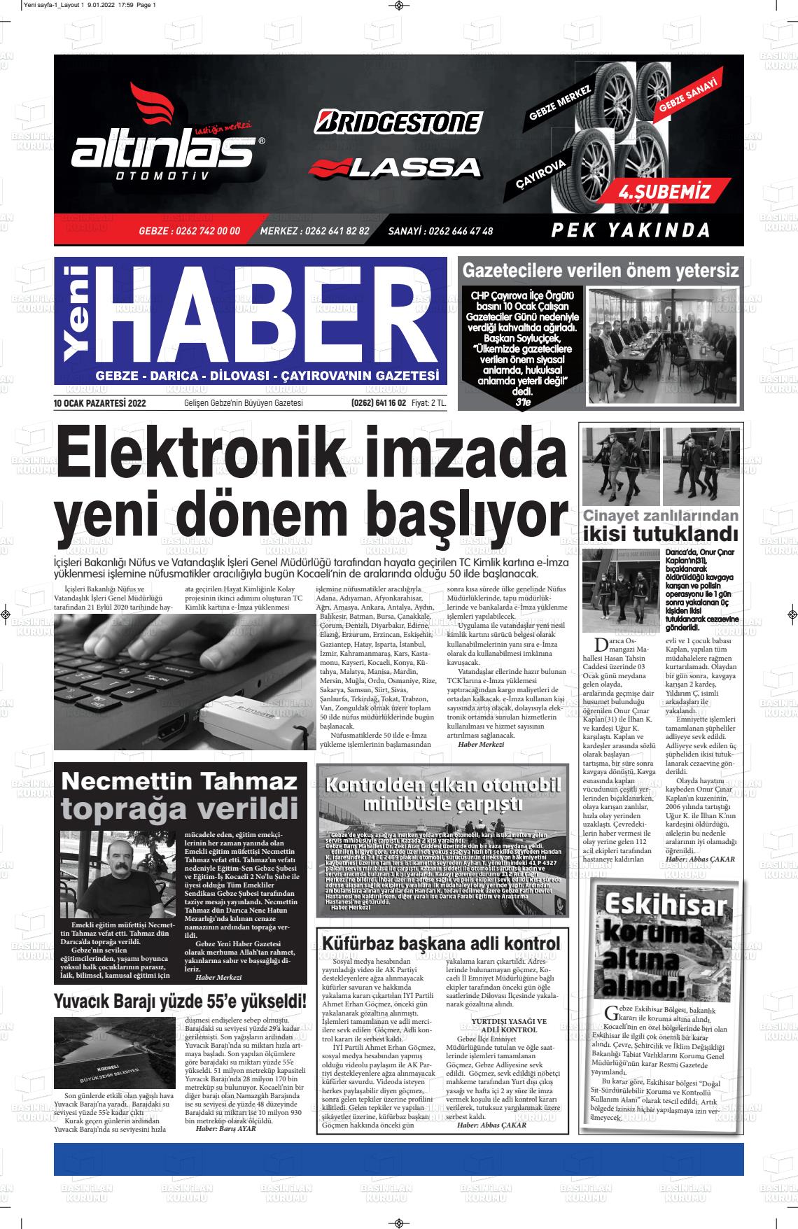 10 Ocak 2022 Gebze Haber Gazete Manşeti