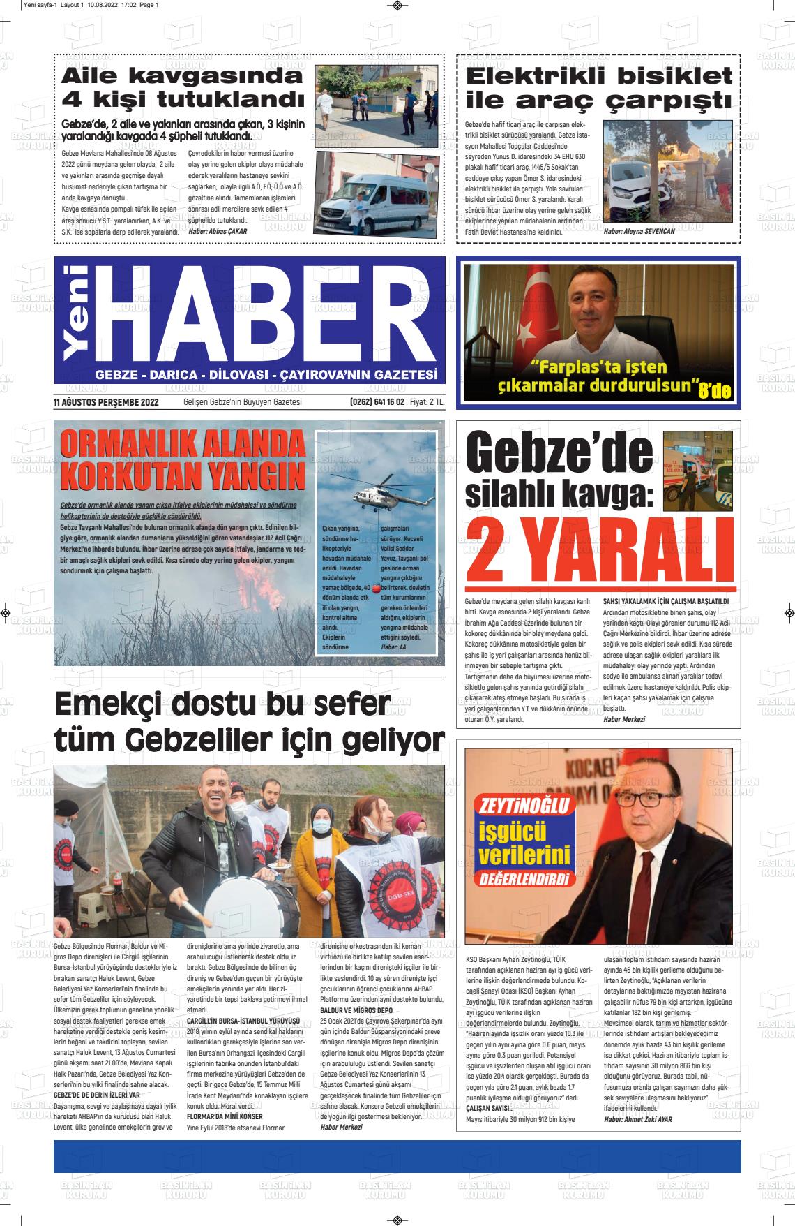 11 Ağustos 2022 Gebze Haber Gazete Manşeti