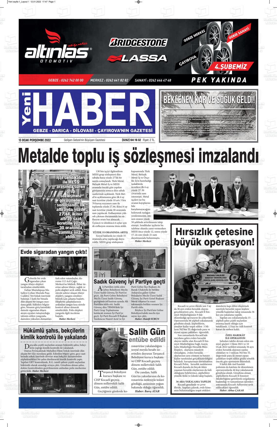 13 Ocak 2022 Gebze Haber Gazete Manşeti