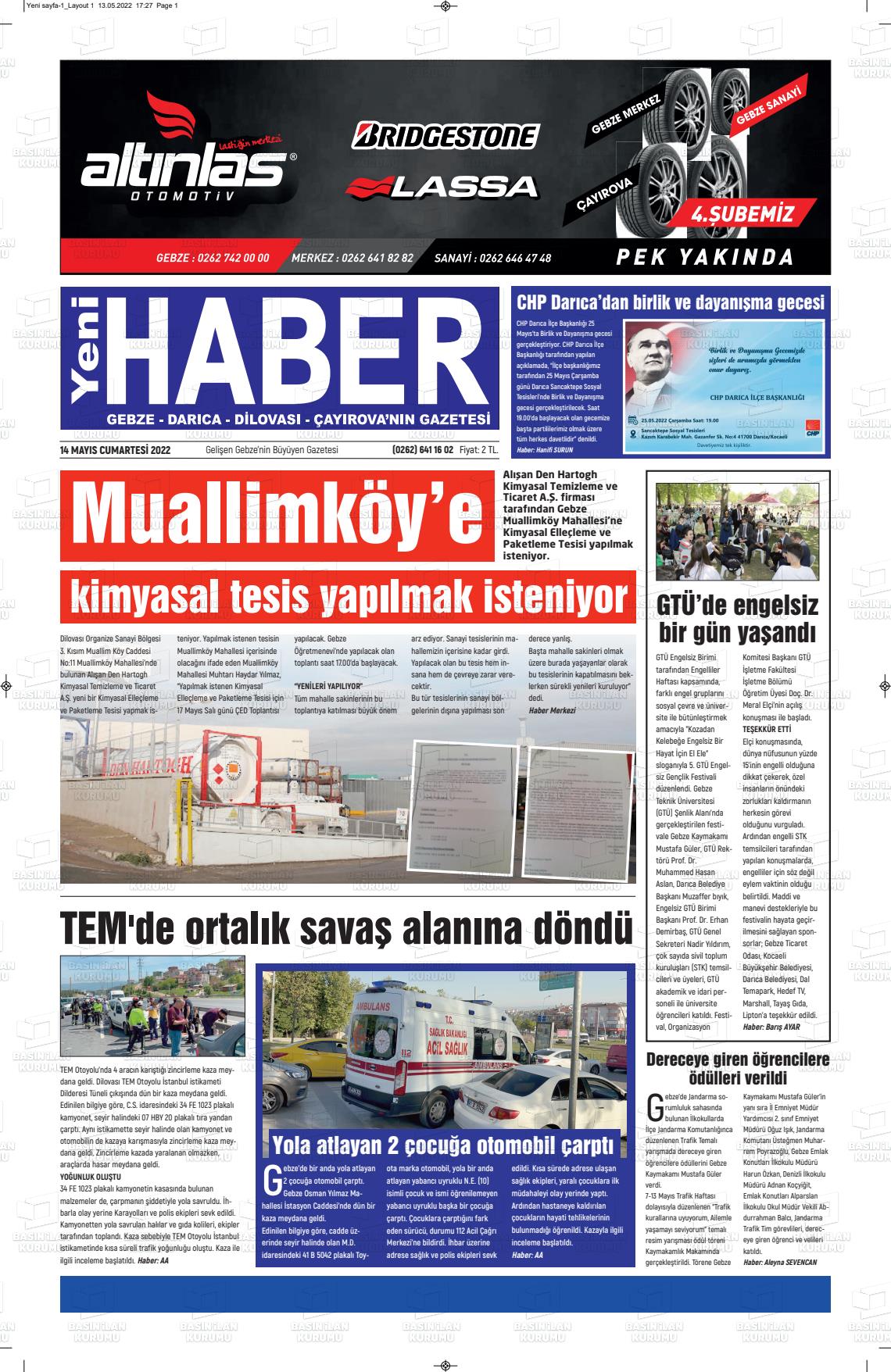 14 Mayıs 2022 Gebze Haber Gazete Manşeti