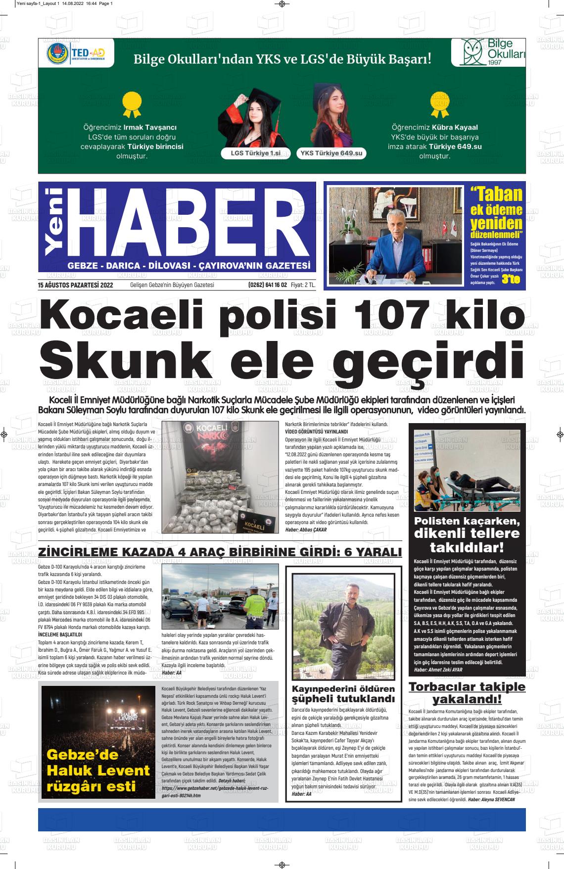 15 Ağustos 2022 Gebze Haber Gazete Manşeti