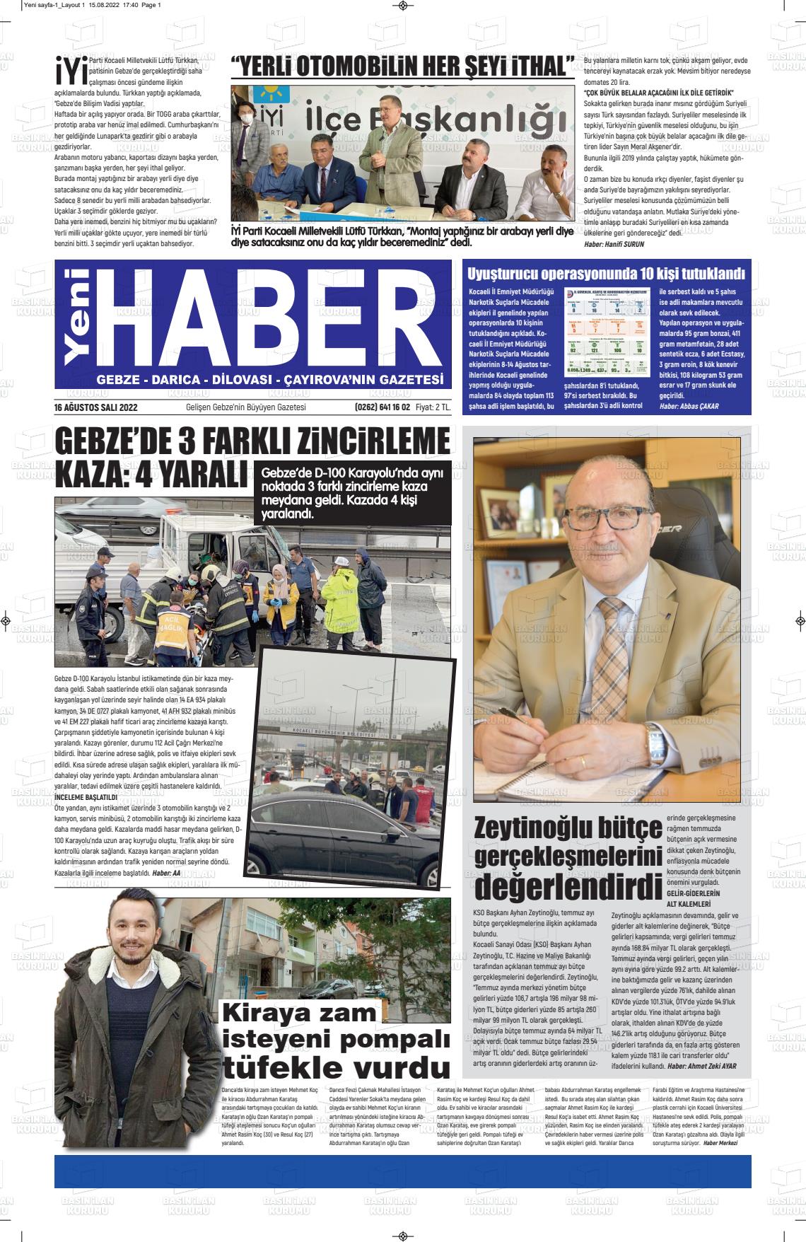 16 Ağustos 2022 Gebze Haber Gazete Manşeti