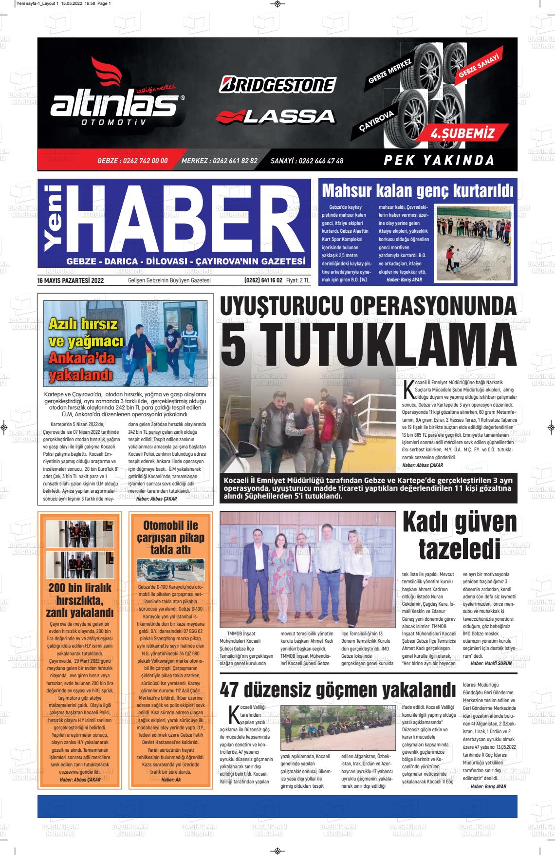 16 Mayıs 2022 Gebze Haber Gazete Manşeti