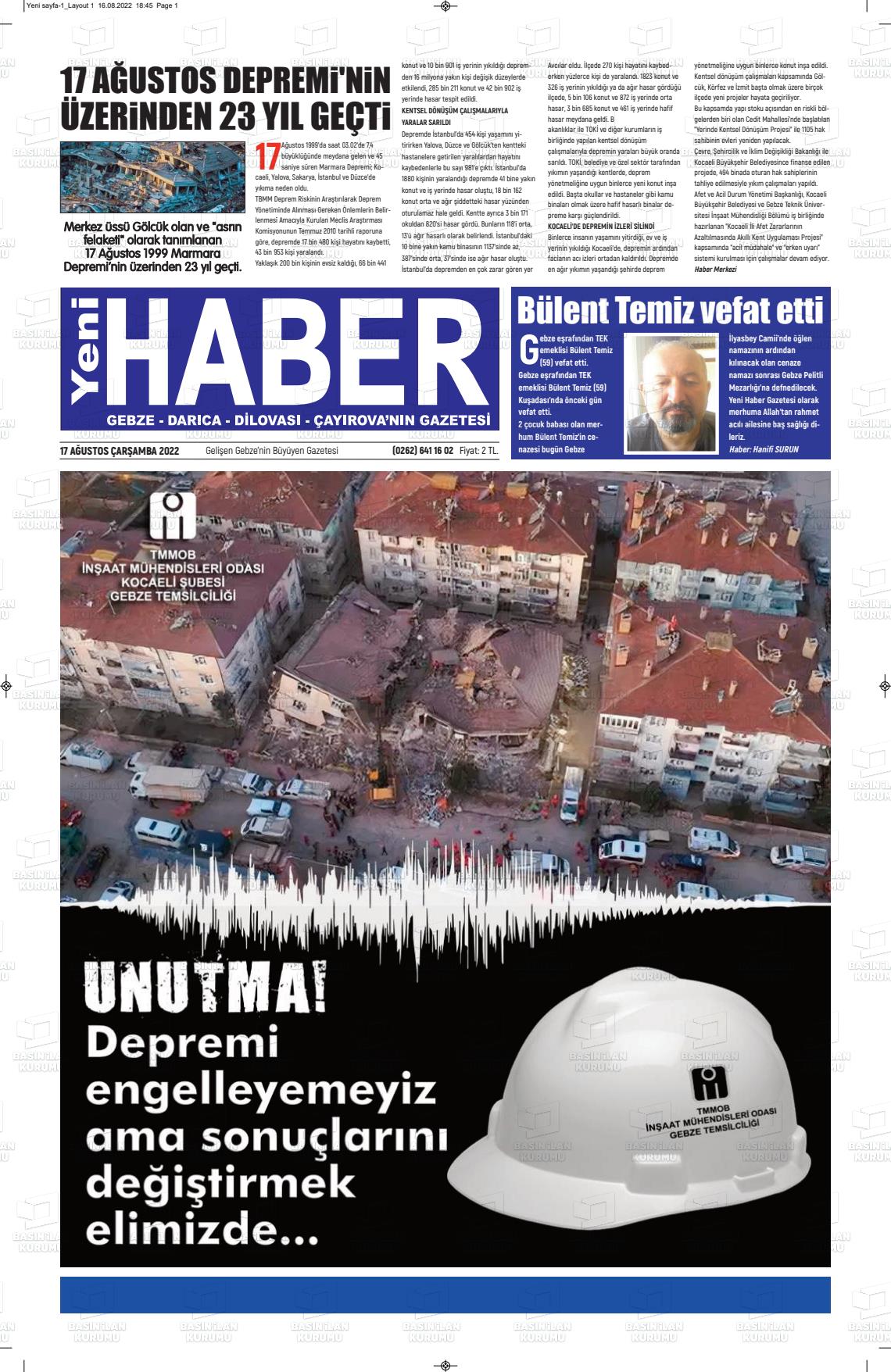 17 Ağustos 2022 Gebze Haber Gazete Manşeti
