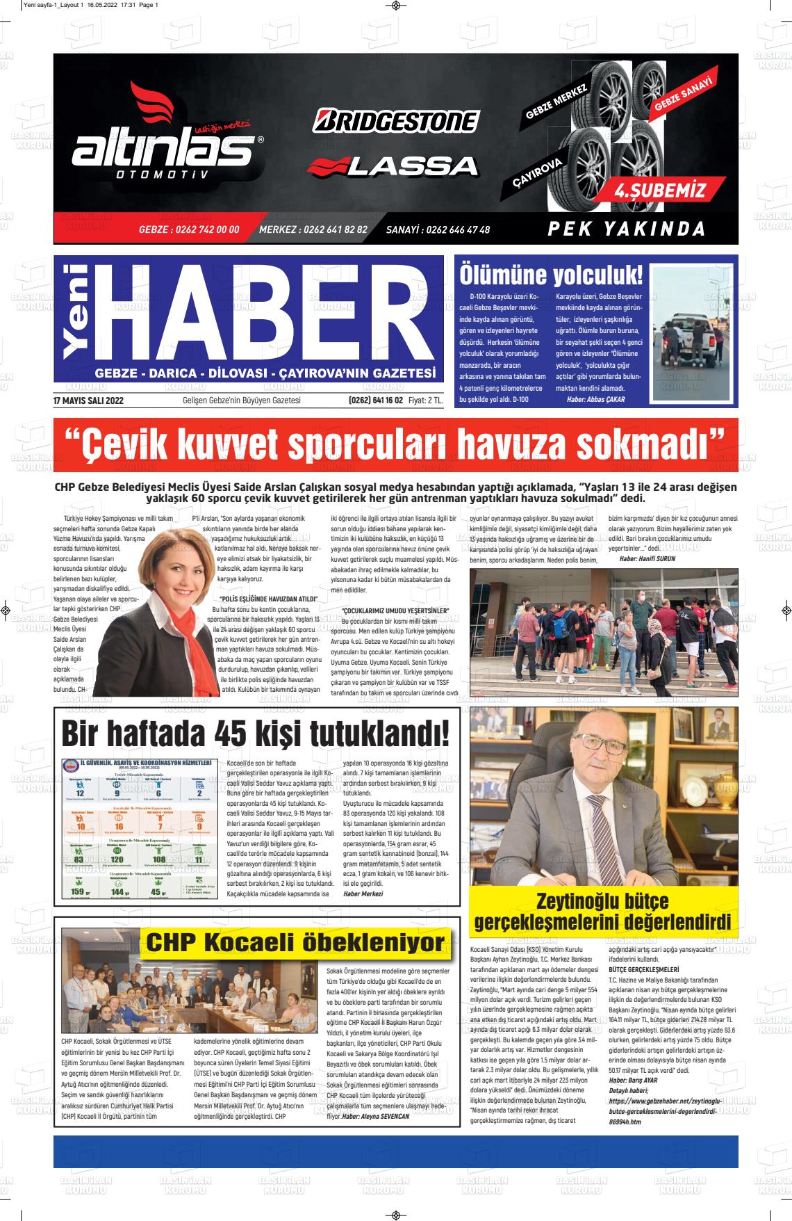 17 Mayıs 2022 Gebze Haber Gazete Manşeti