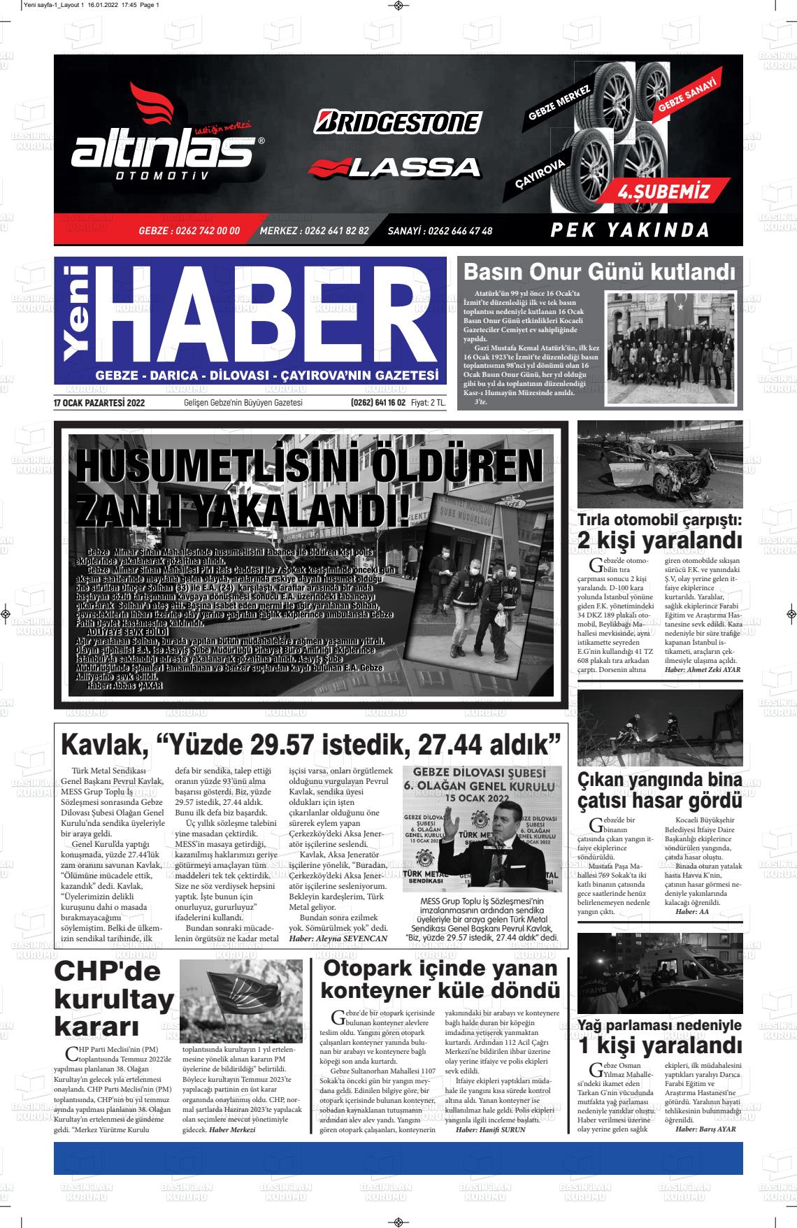 17 Ocak 2022 Gebze Haber Gazete Manşeti