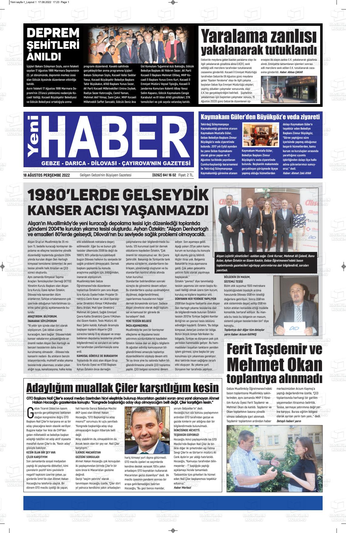 18 Ağustos 2022 Gebze Haber Gazete Manşeti