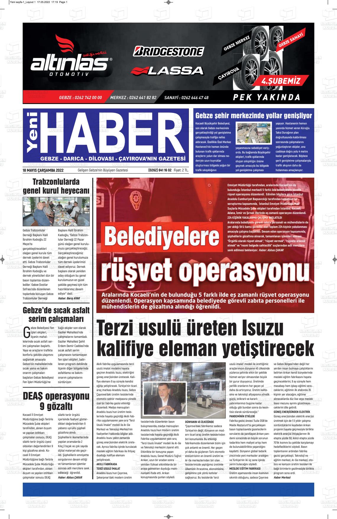 18 Mayıs 2022 Gebze Haber Gazete Manşeti
