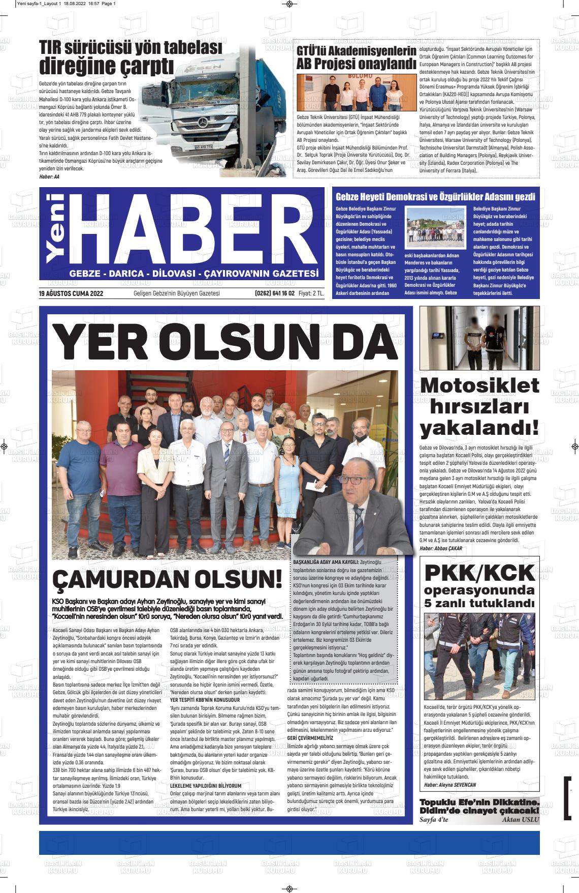 19 Ağustos 2022 Gebze Haber Gazete Manşeti