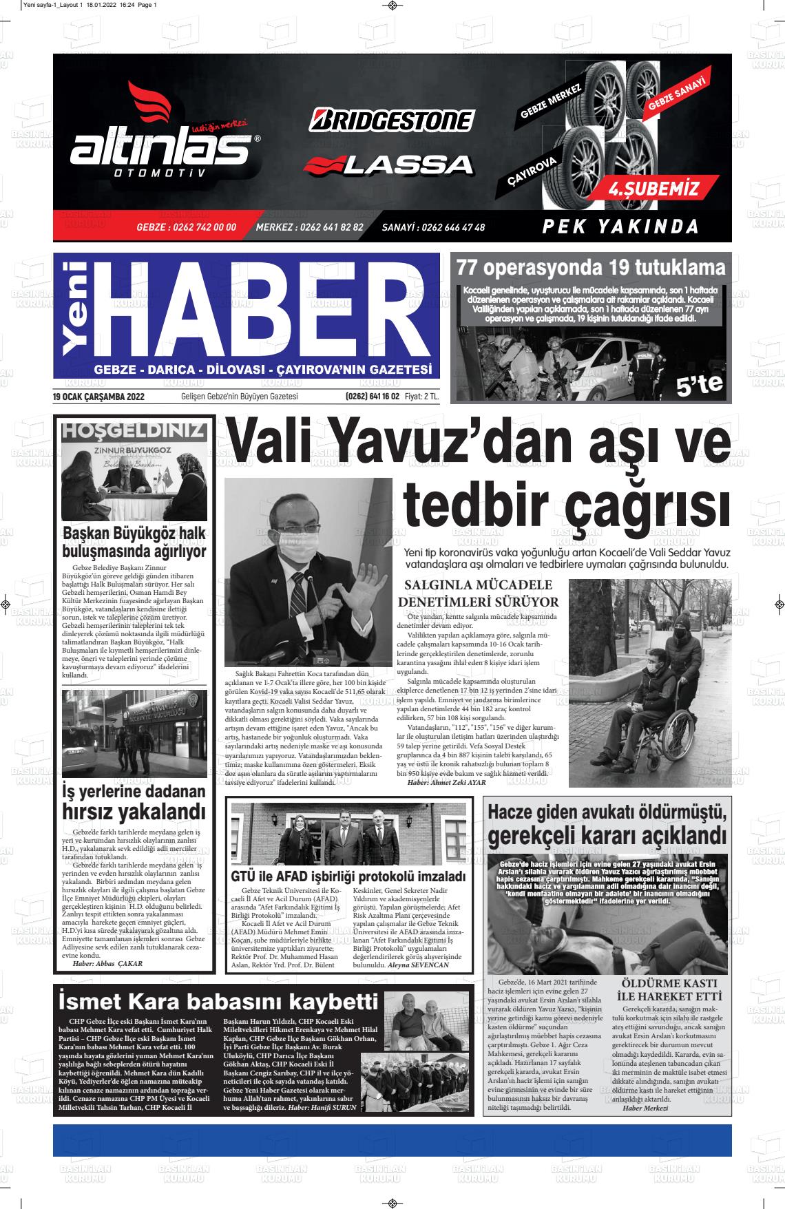 19 Ocak 2022 Gebze Haber Gazete Manşeti
