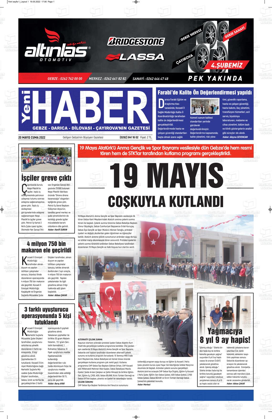 20 Mayıs 2022 Gebze Haber Gazete Manşeti