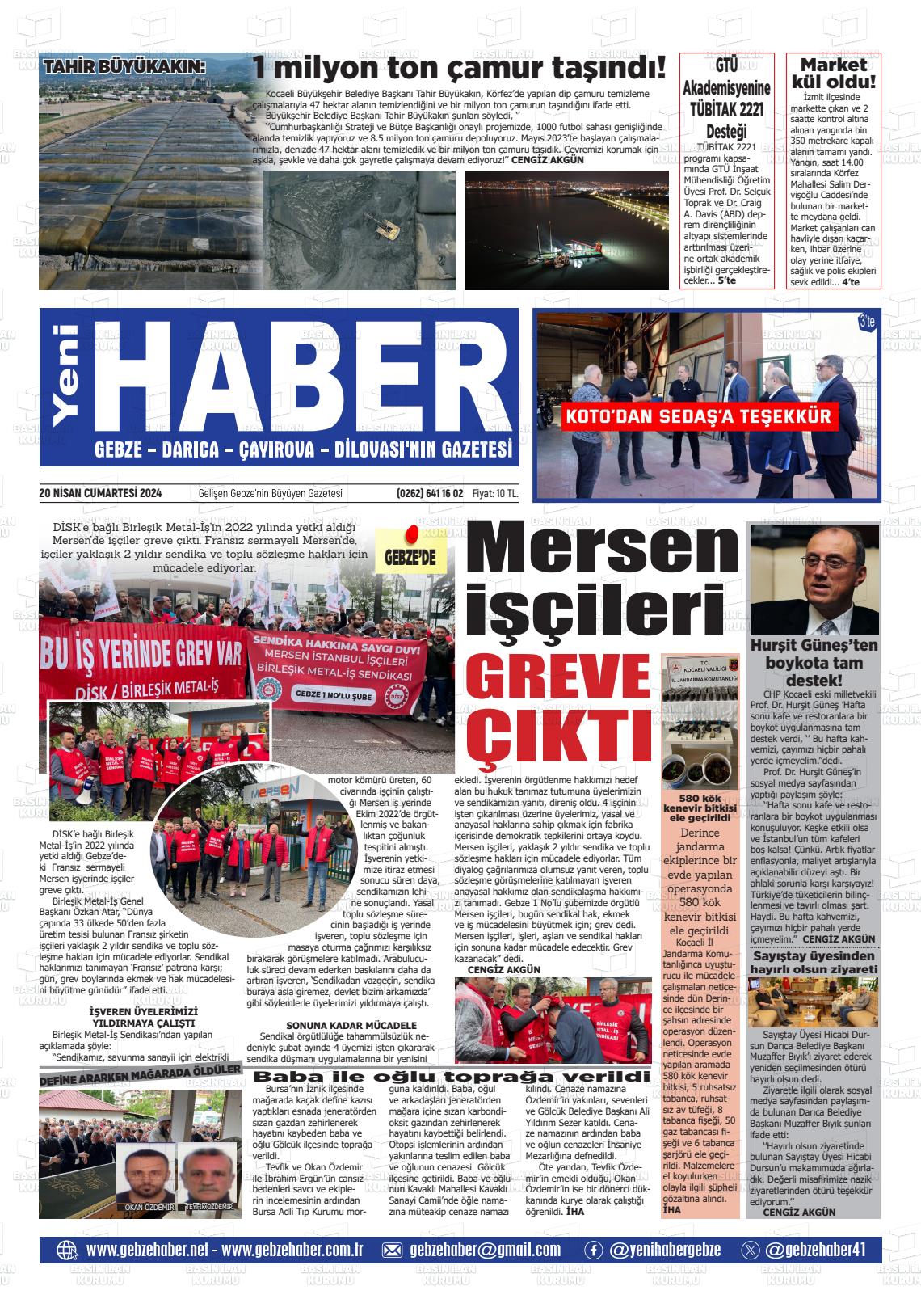 20 Nisan 2024 Gebze Haber Gazete Manşeti