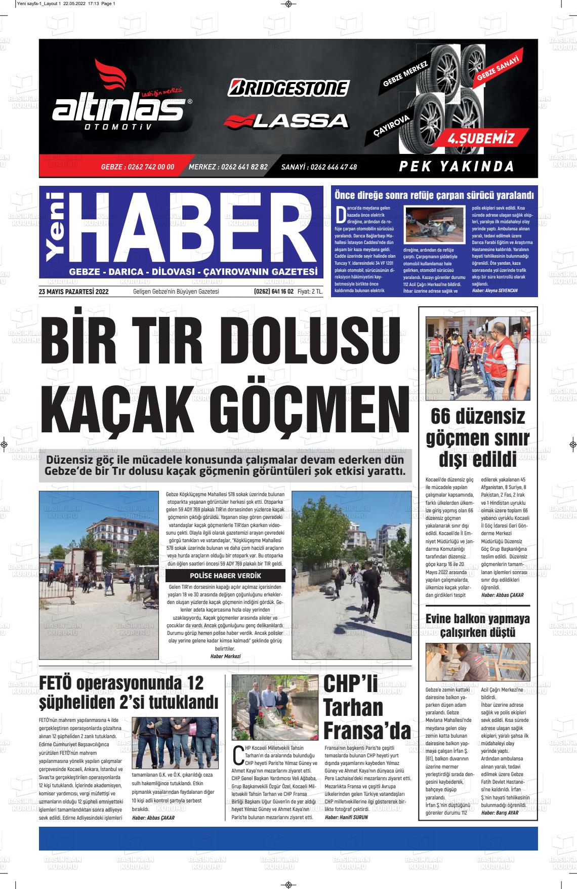 23 Mayıs 2022 Gebze Haber Gazete Manşeti