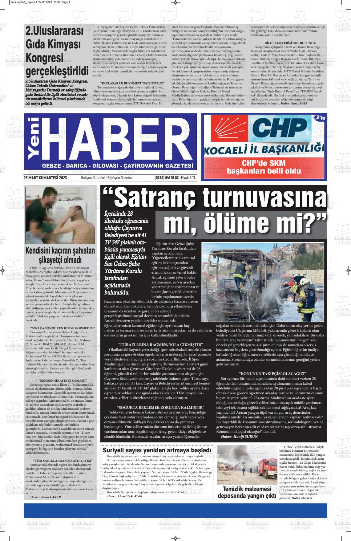 25 Mart 2023 Gebze Haber Gazete Manşeti