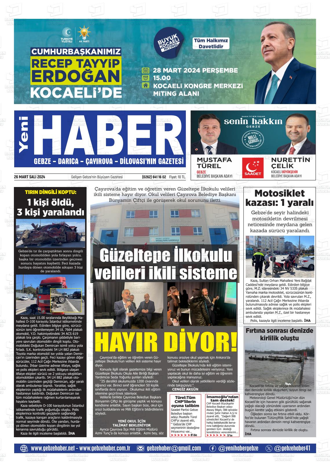 26 Mart 2024 Gebze Haber Gazete Manşeti