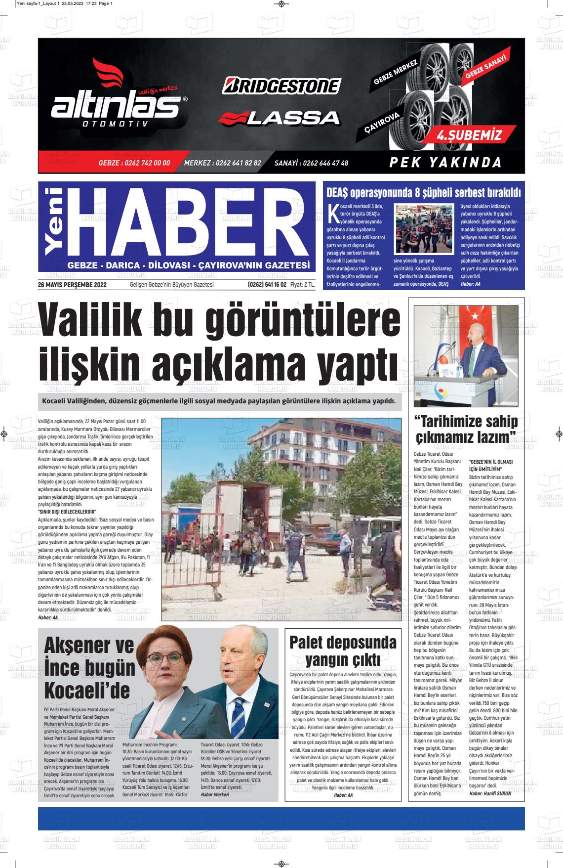 26 Mayıs 2022 Gebze Haber Gazete Manşeti