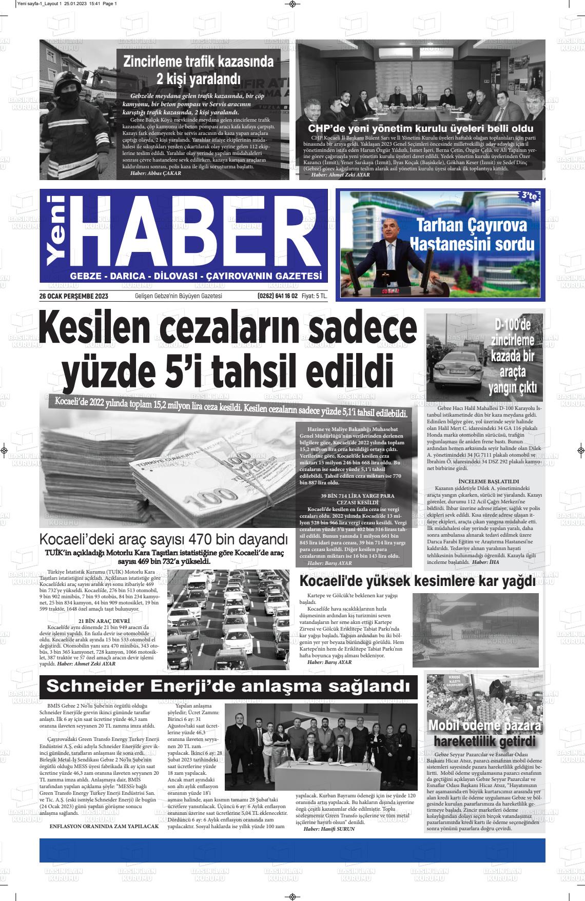 26 Ocak 2023 Gebze Haber Gazete Manşeti