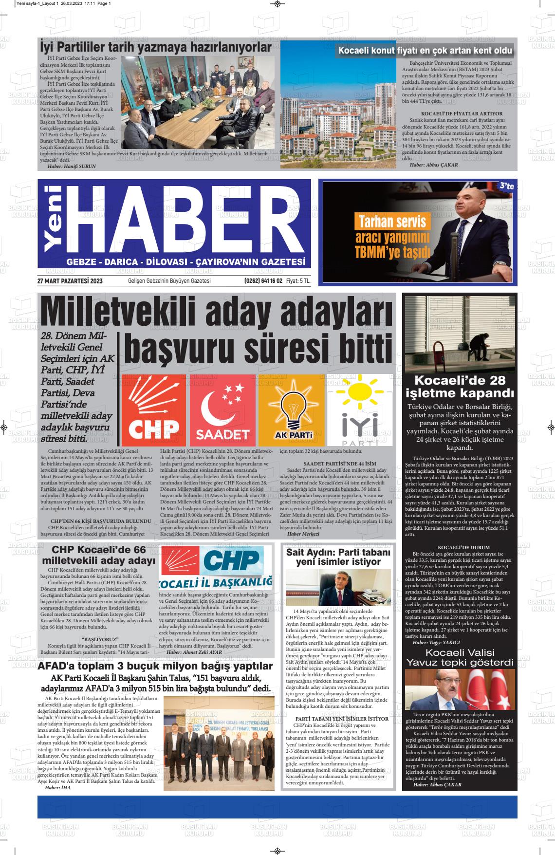 27 Mart 2023 Gebze Haber Gazete Manşeti