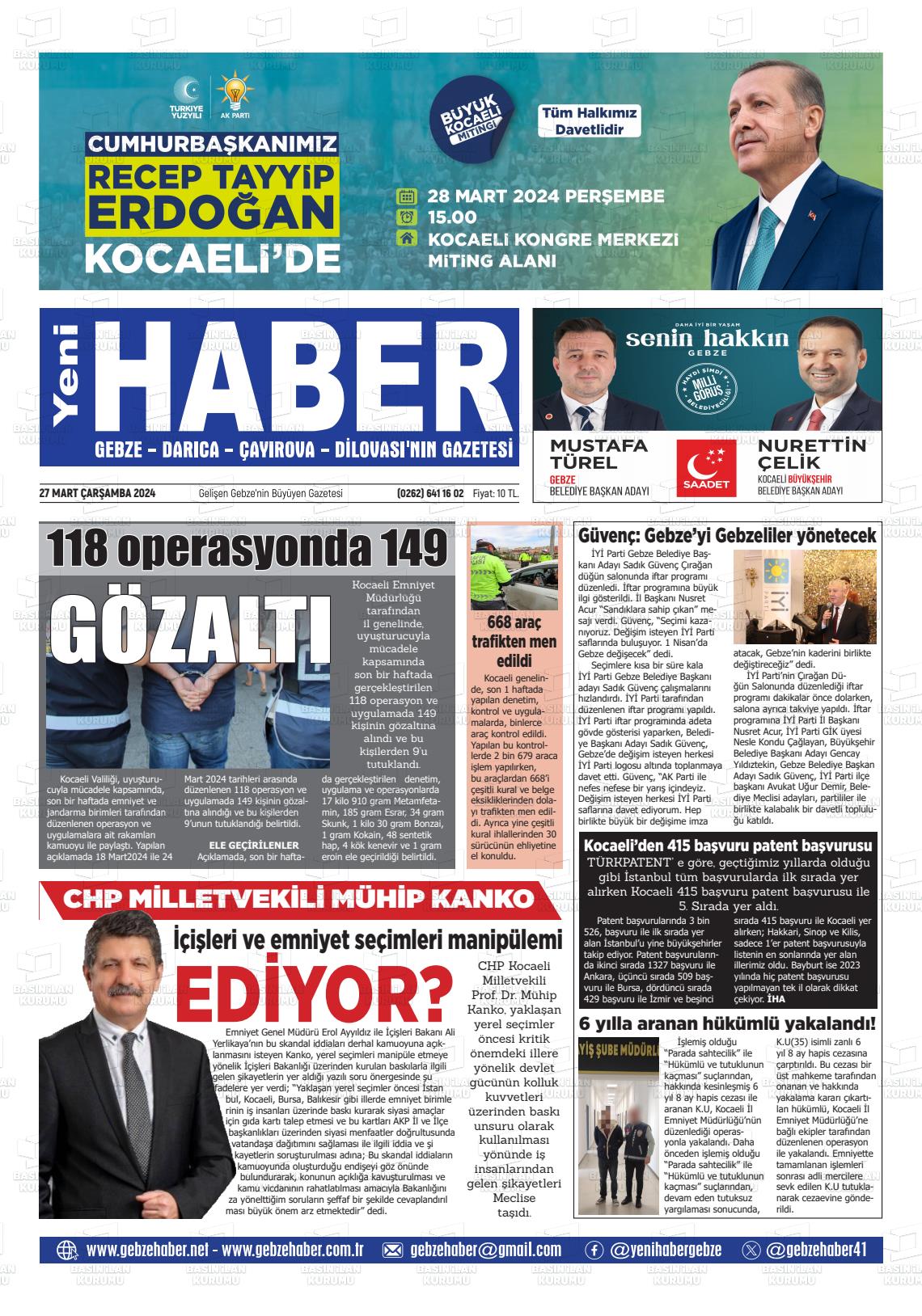 27 Mart 2024 Gebze Haber Gazete Manşeti