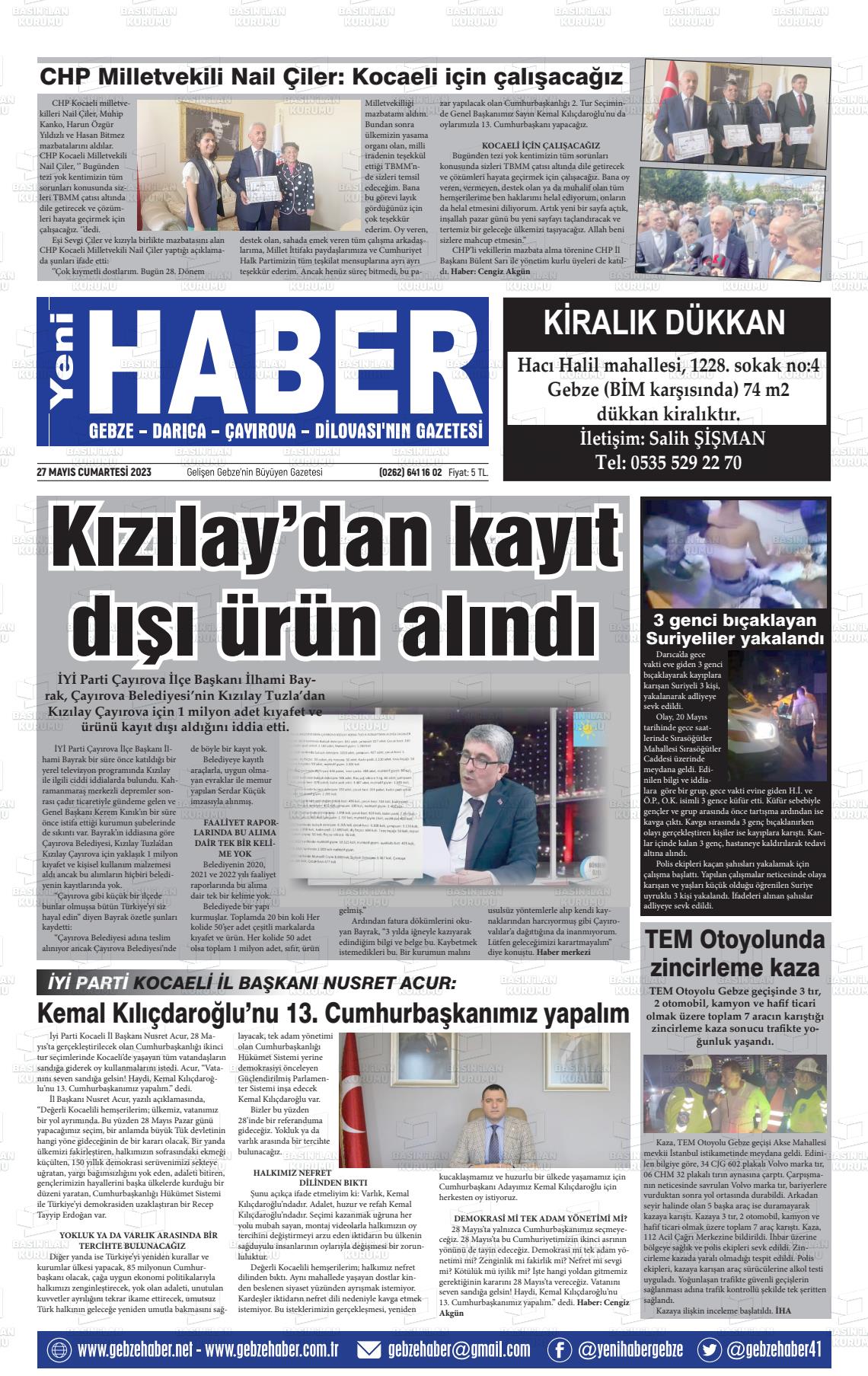 27 Mayıs 2023 Gebze Haber Gazete Manşeti