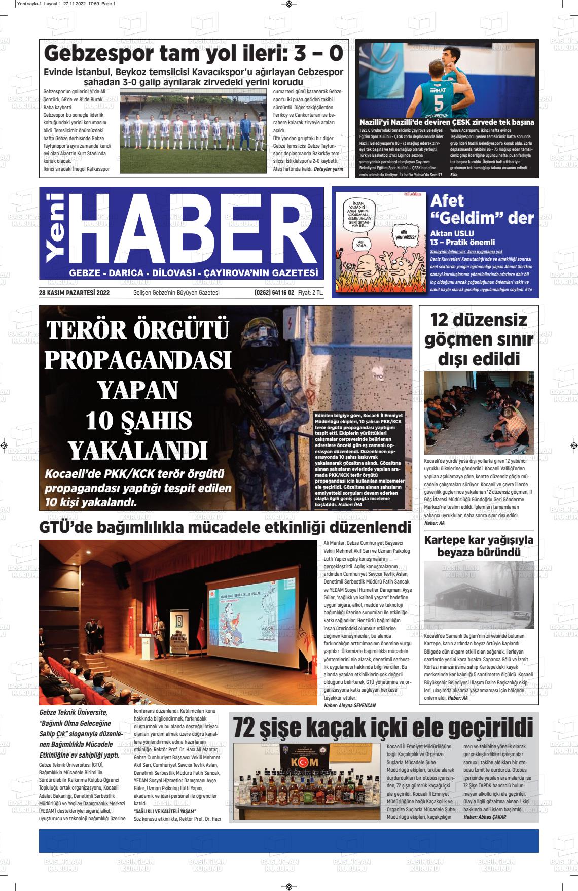 28 Kasım 2022 Gebze Haber Gazete Manşeti