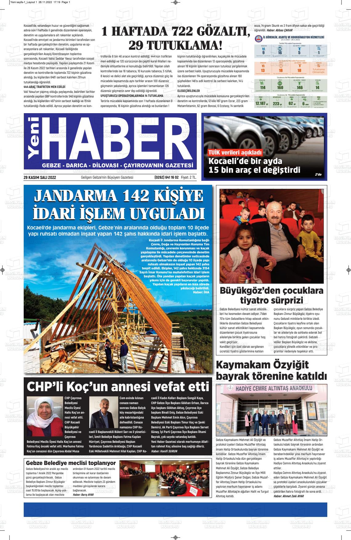 29 Kasım 2022 Gebze Haber Gazete Manşeti