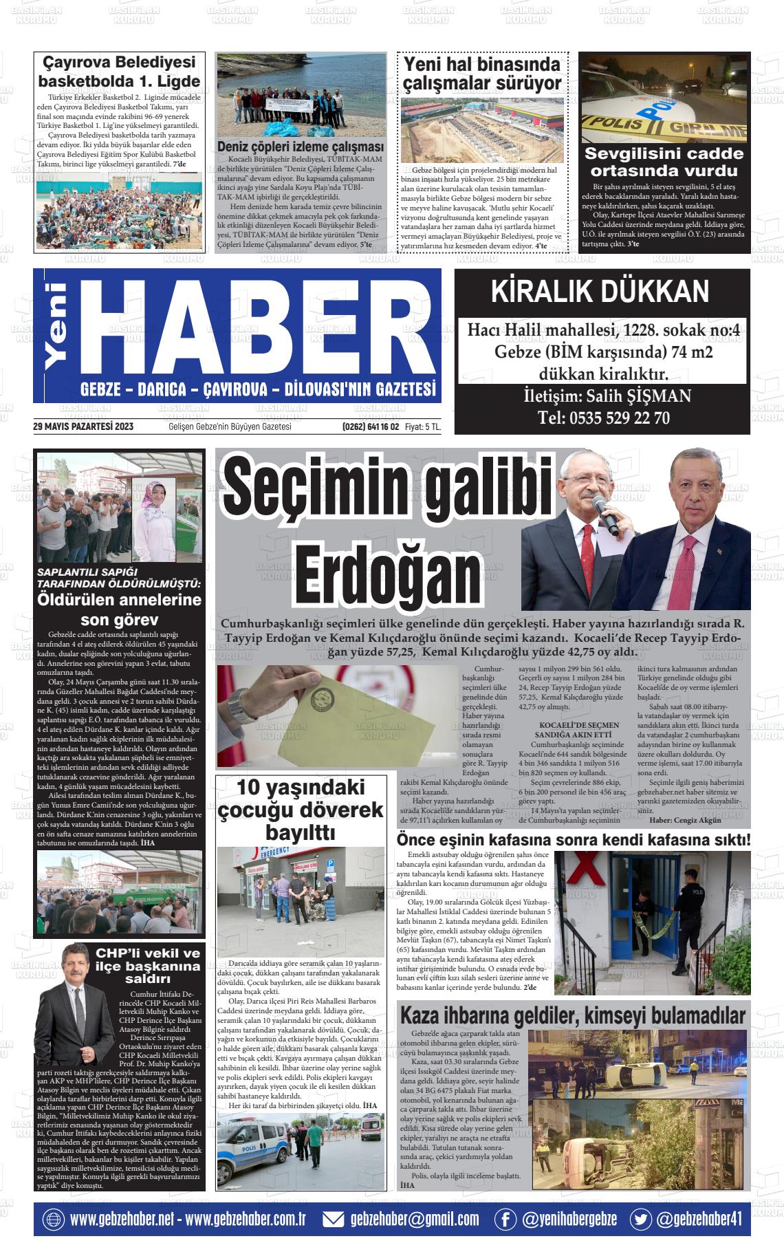 29 Mayıs 2023 Gebze Haber Gazete Manşeti