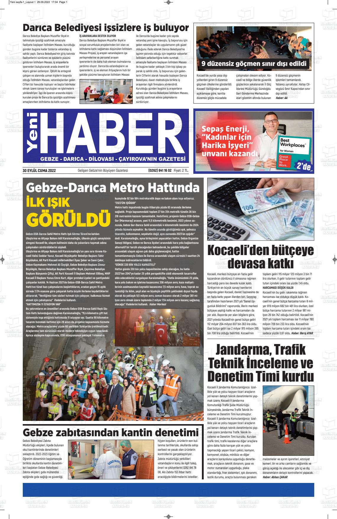 30 Eylül 2022 Gebze Haber Gazete Manşeti