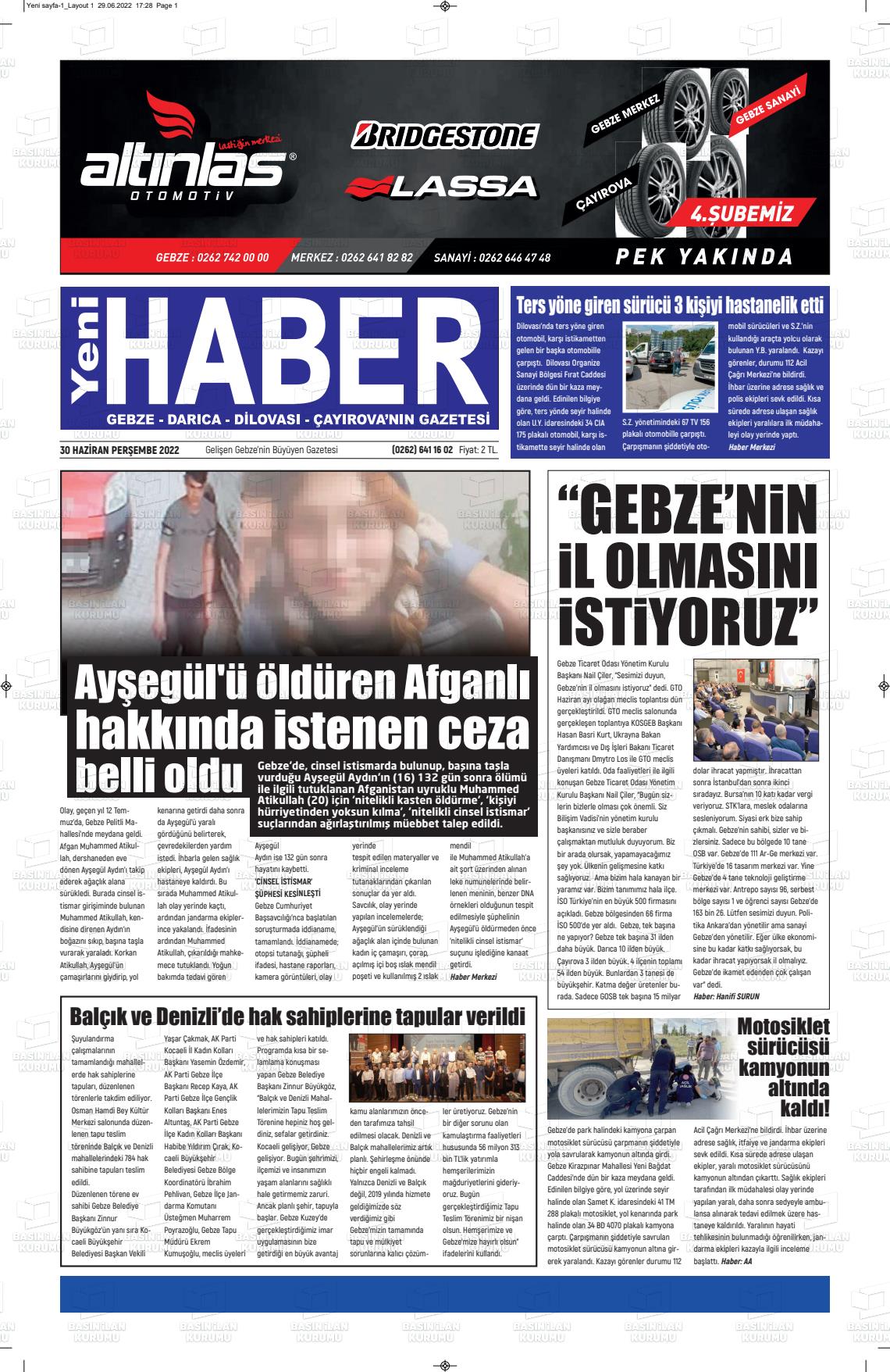 01 Temmuz 2022 Gebze Haber Gazete Manşeti