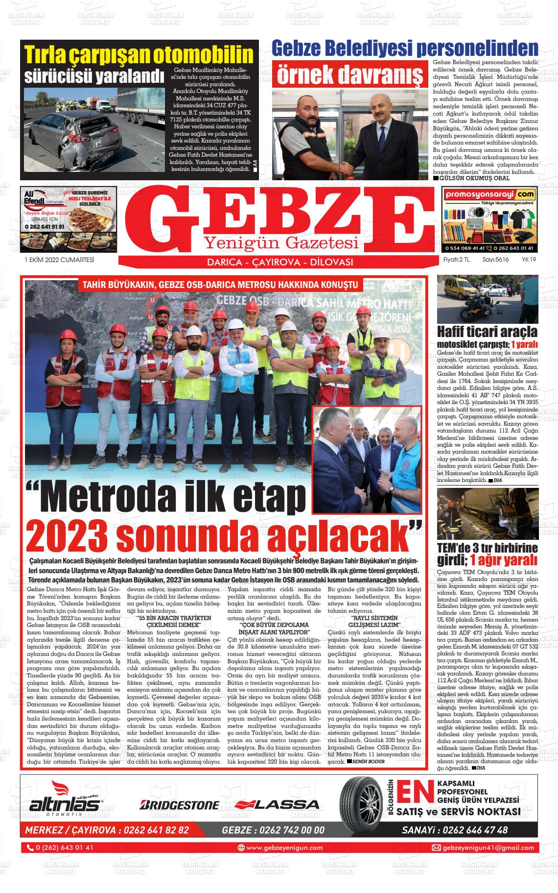 01 Ekim 2022 Gebze Yenigün Gazete Manşeti