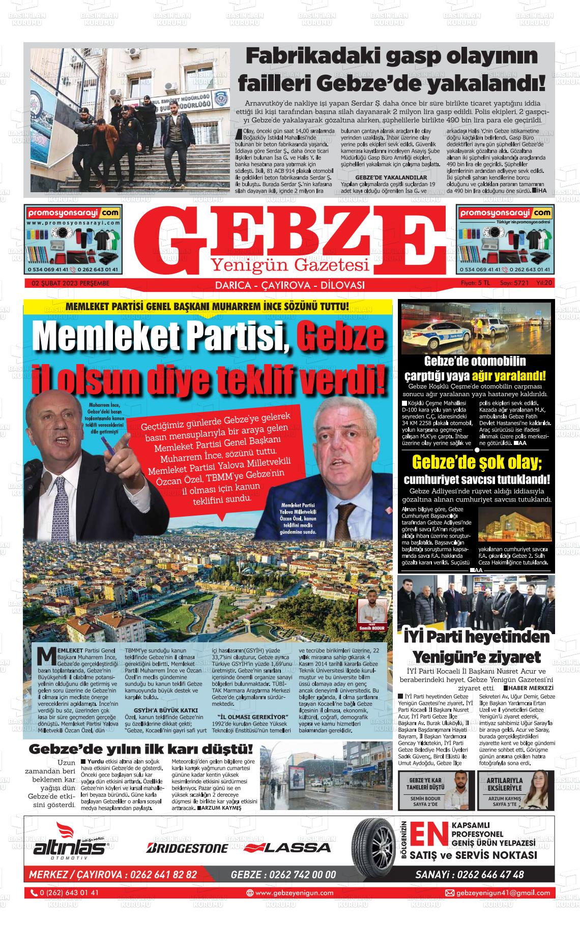 02 Şubat 2023 Gebze Yenigün Gazete Manşeti