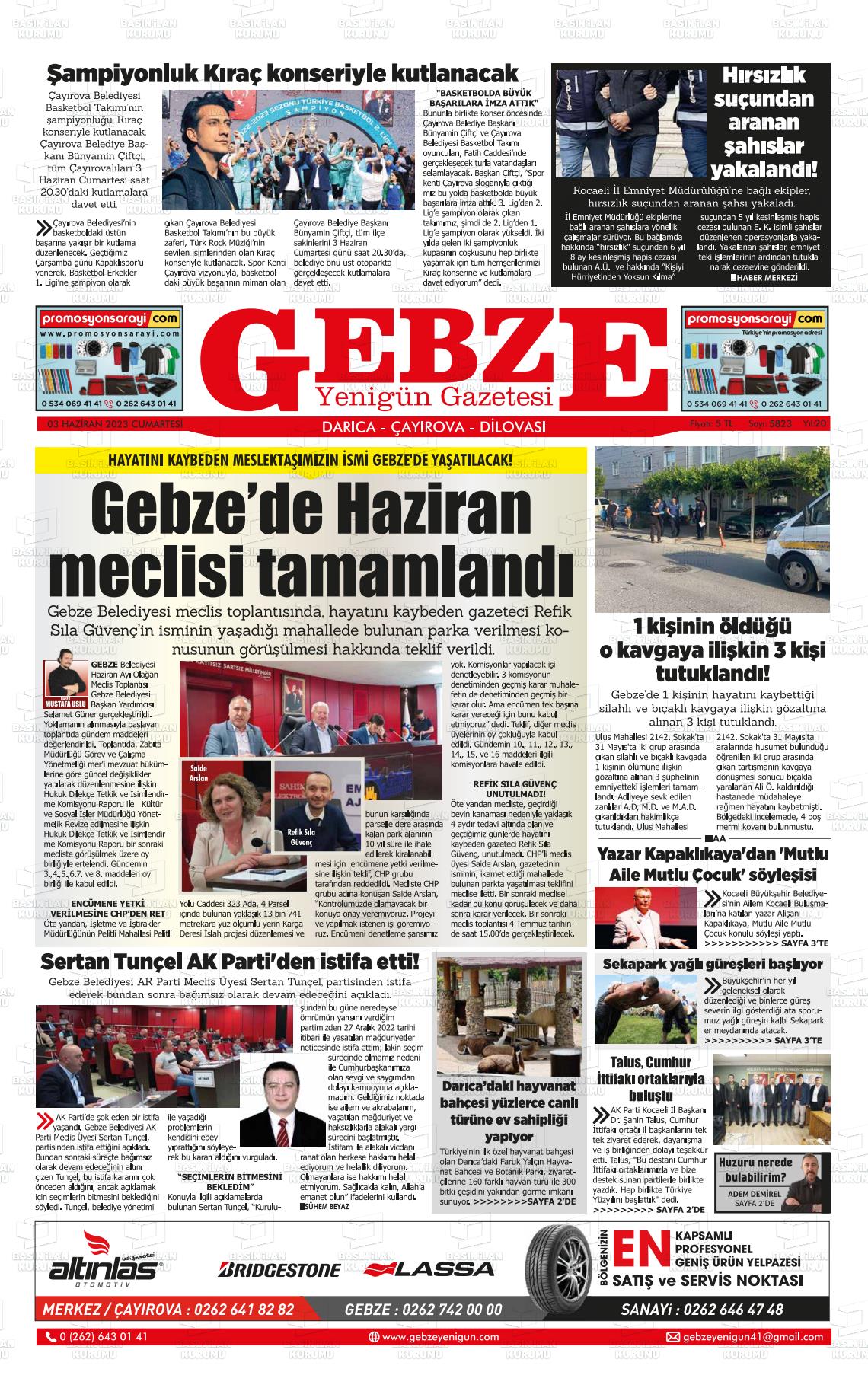 03 Haziran 2023 Gebze Yenigün Gazete Manşeti