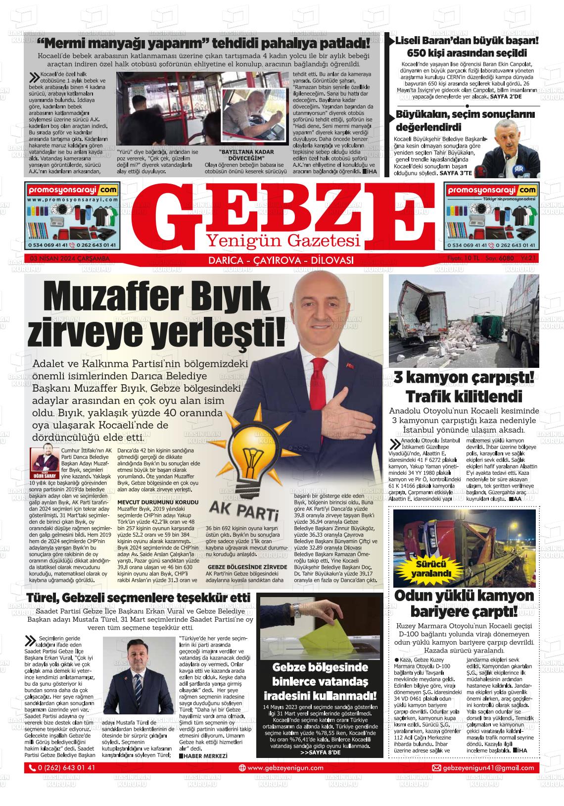 03 Nisan 2024 Gebze Yenigün Gazete Manşeti