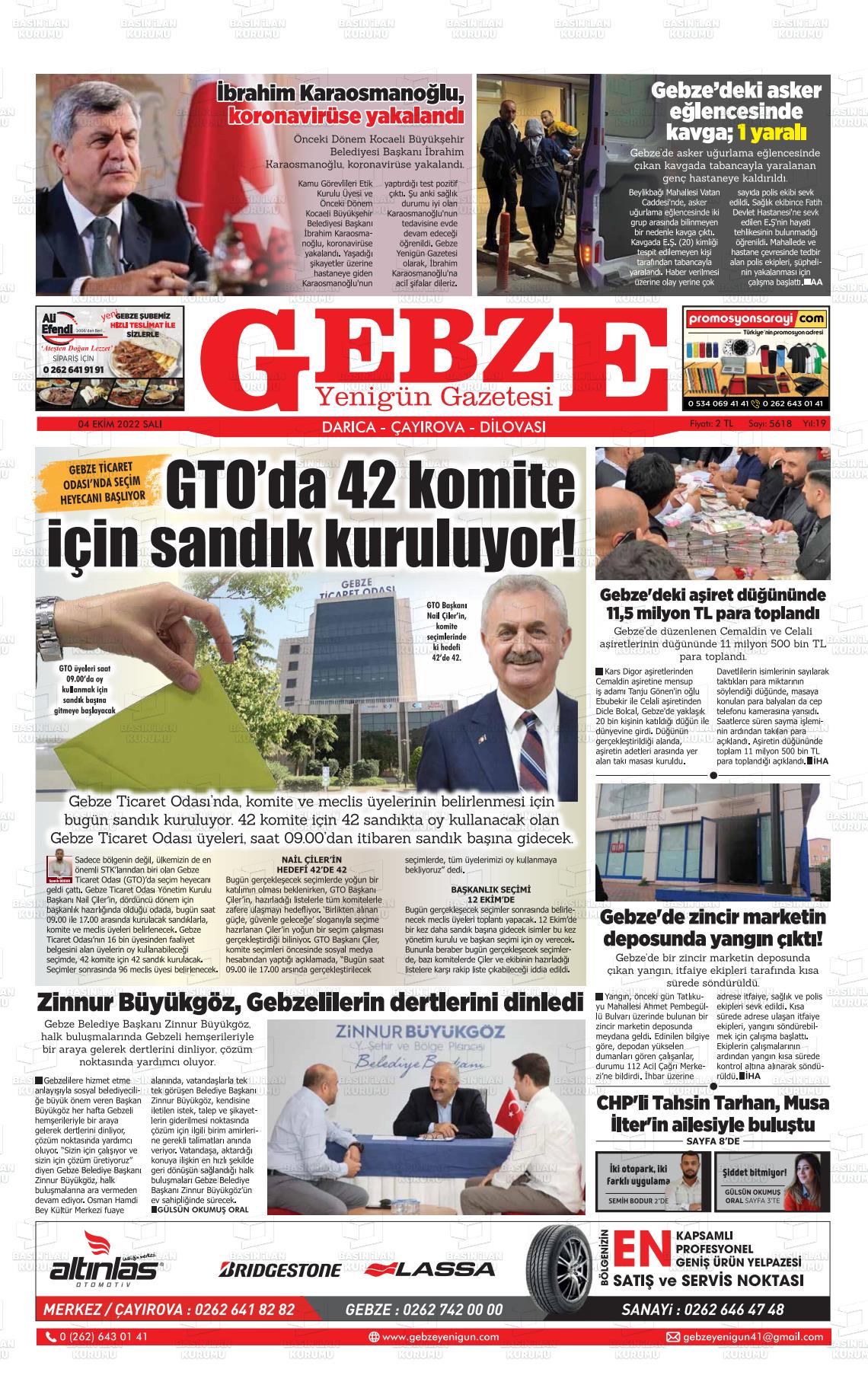 04 Ekim 2022 Gebze Yenigün Gazete Manşeti