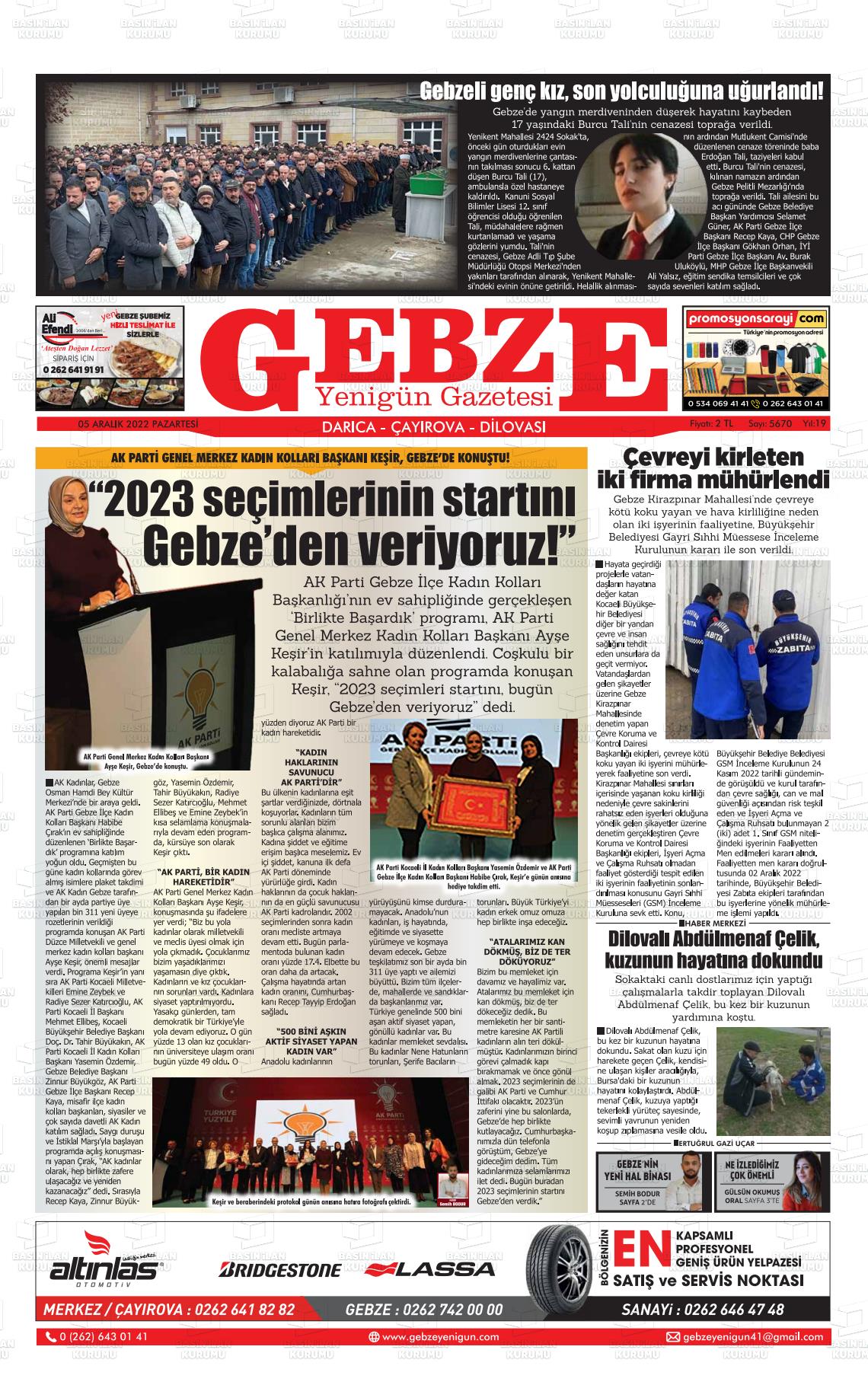 05 Aralık 2022 Gebze Yenigün Gazete Manşeti