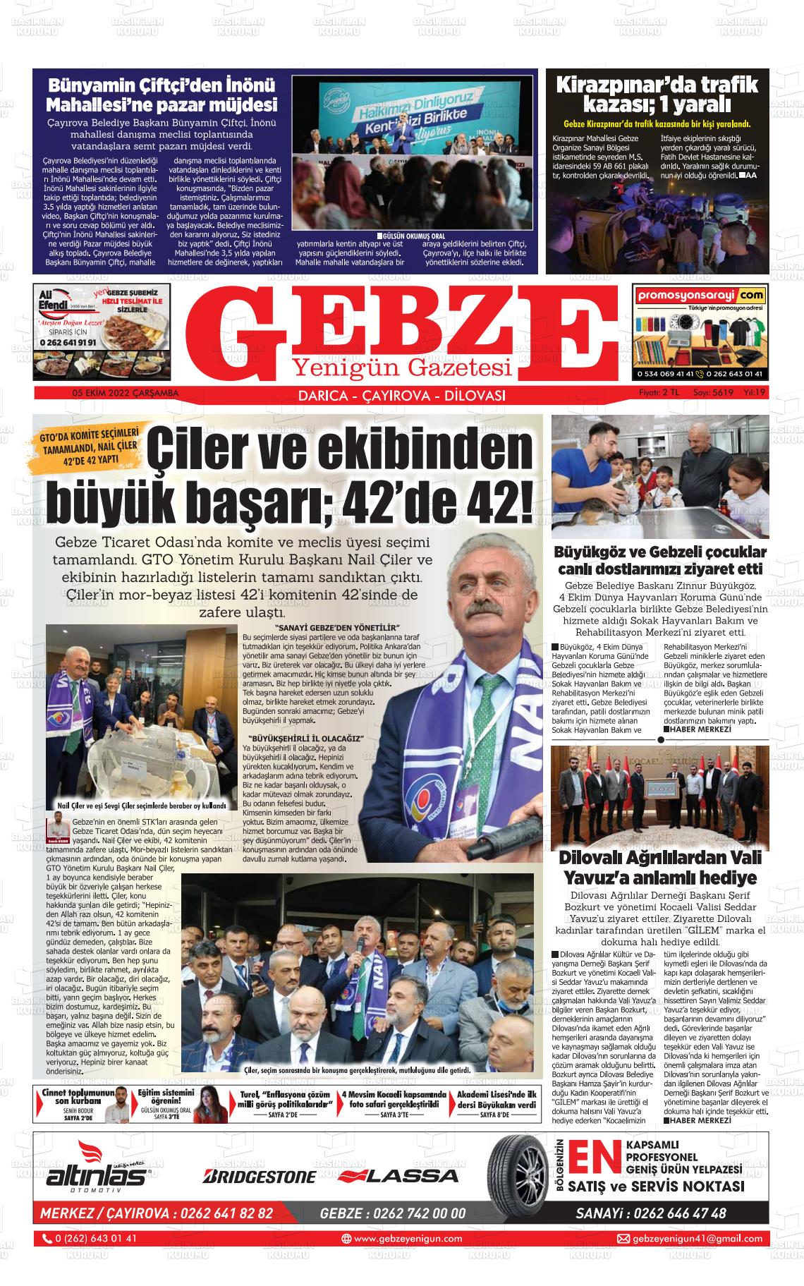 05 Ekim 2022 Gebze Yenigün Gazete Manşeti