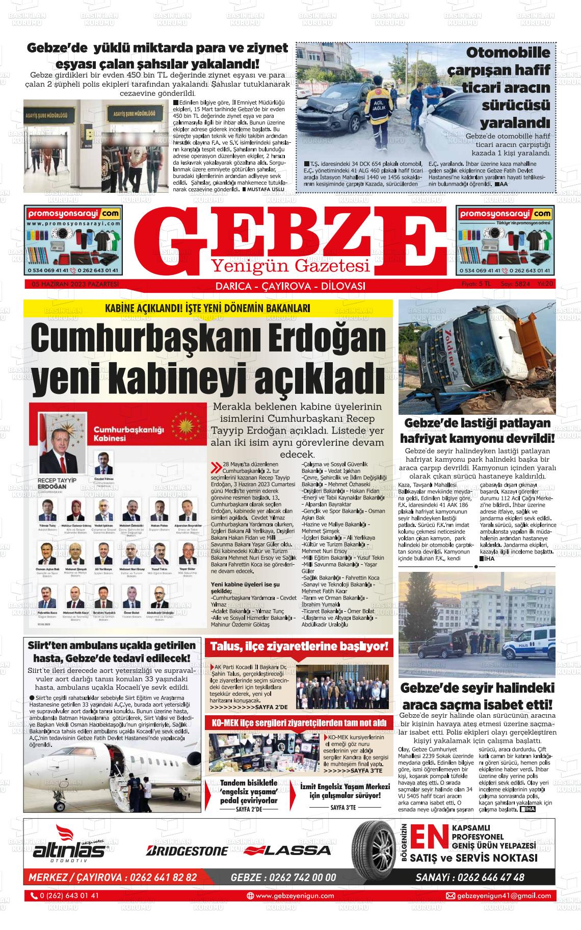 05 Haziran 2023 Gebze Yenigün Gazete Manşeti