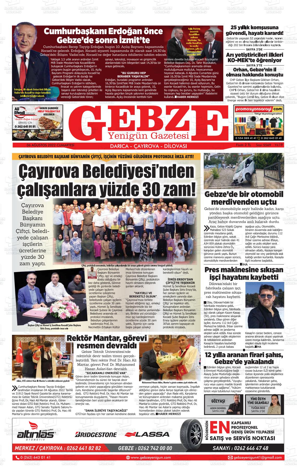 06 Ağustos 2022 Gebze Yenigün Gazete Manşeti