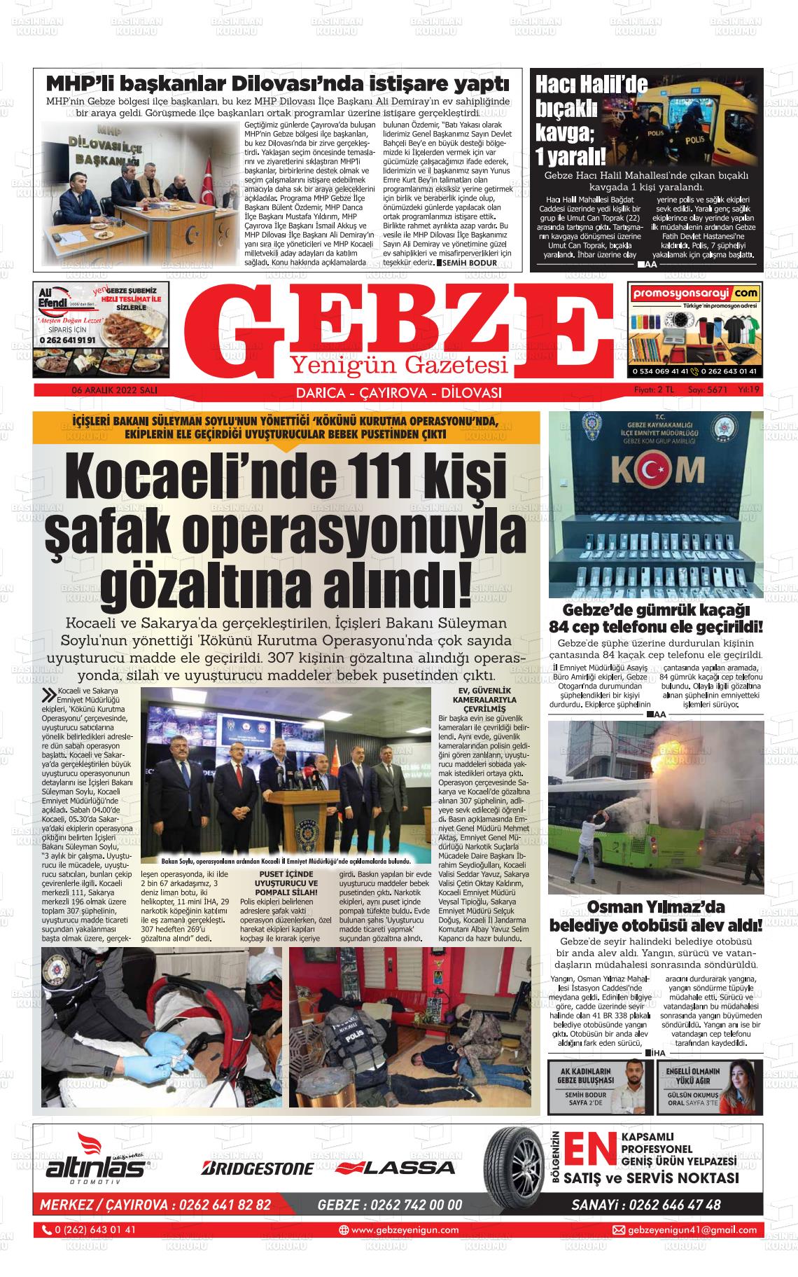 06 Aralık 2022 Gebze Yenigün Gazete Manşeti