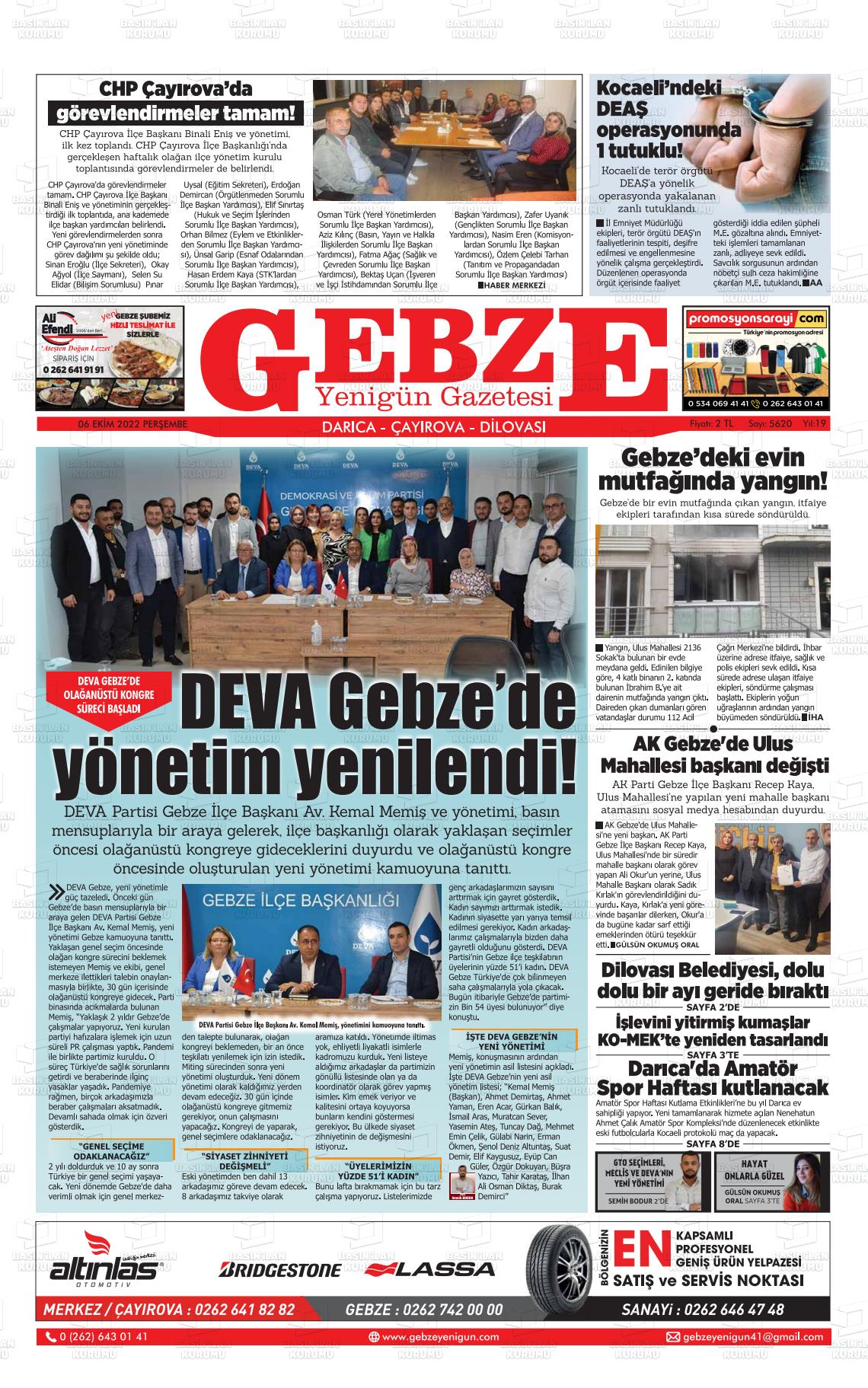 06 Ekim 2022 Gebze Yenigün Gazete Manşeti