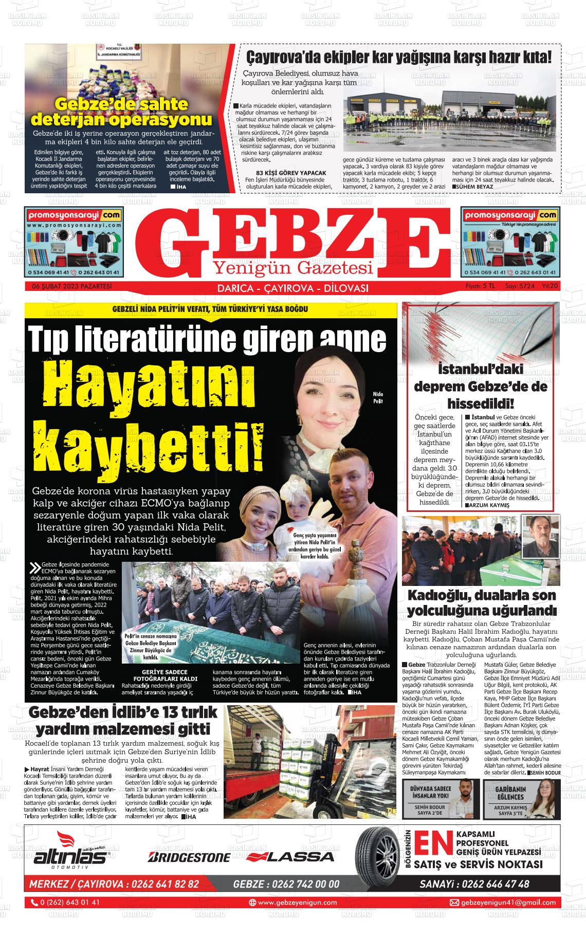 06 Şubat 2023 Gebze Yenigün Gazete Manşeti