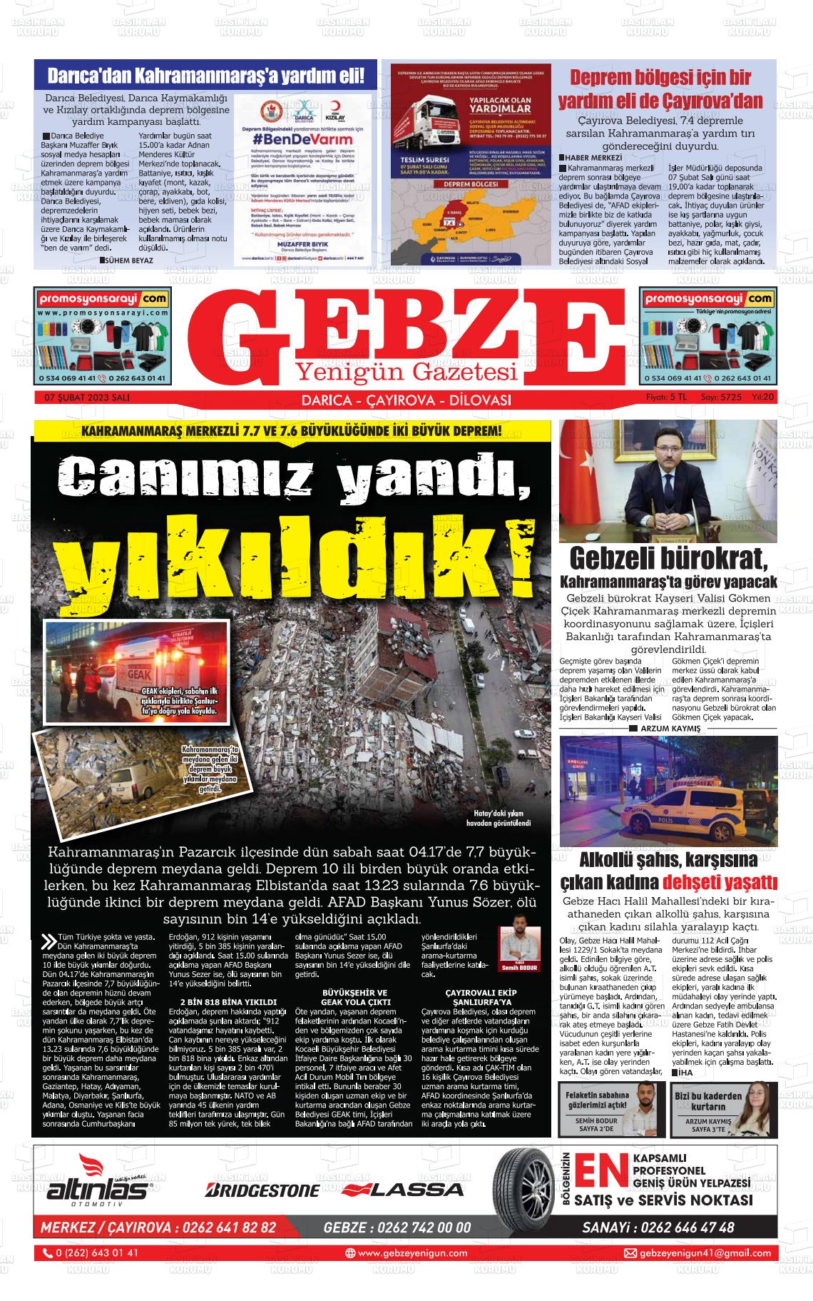 07 Şubat 2023 Gebze Yenigün Gazete Manşeti