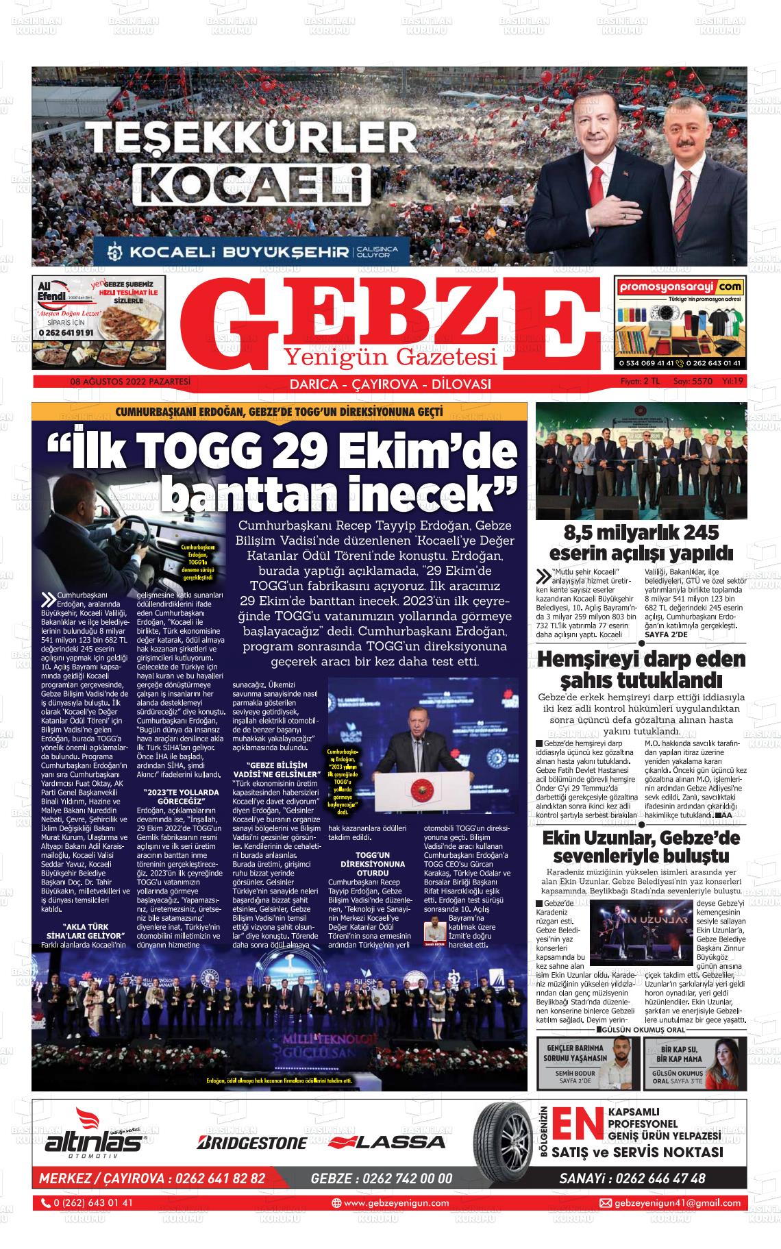 08 Ağustos 2022 Gebze Yenigün Gazete Manşeti