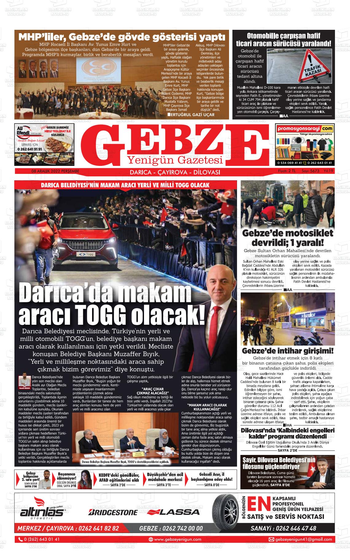 08 Aralık 2022 Gebze Yenigün Gazete Manşeti