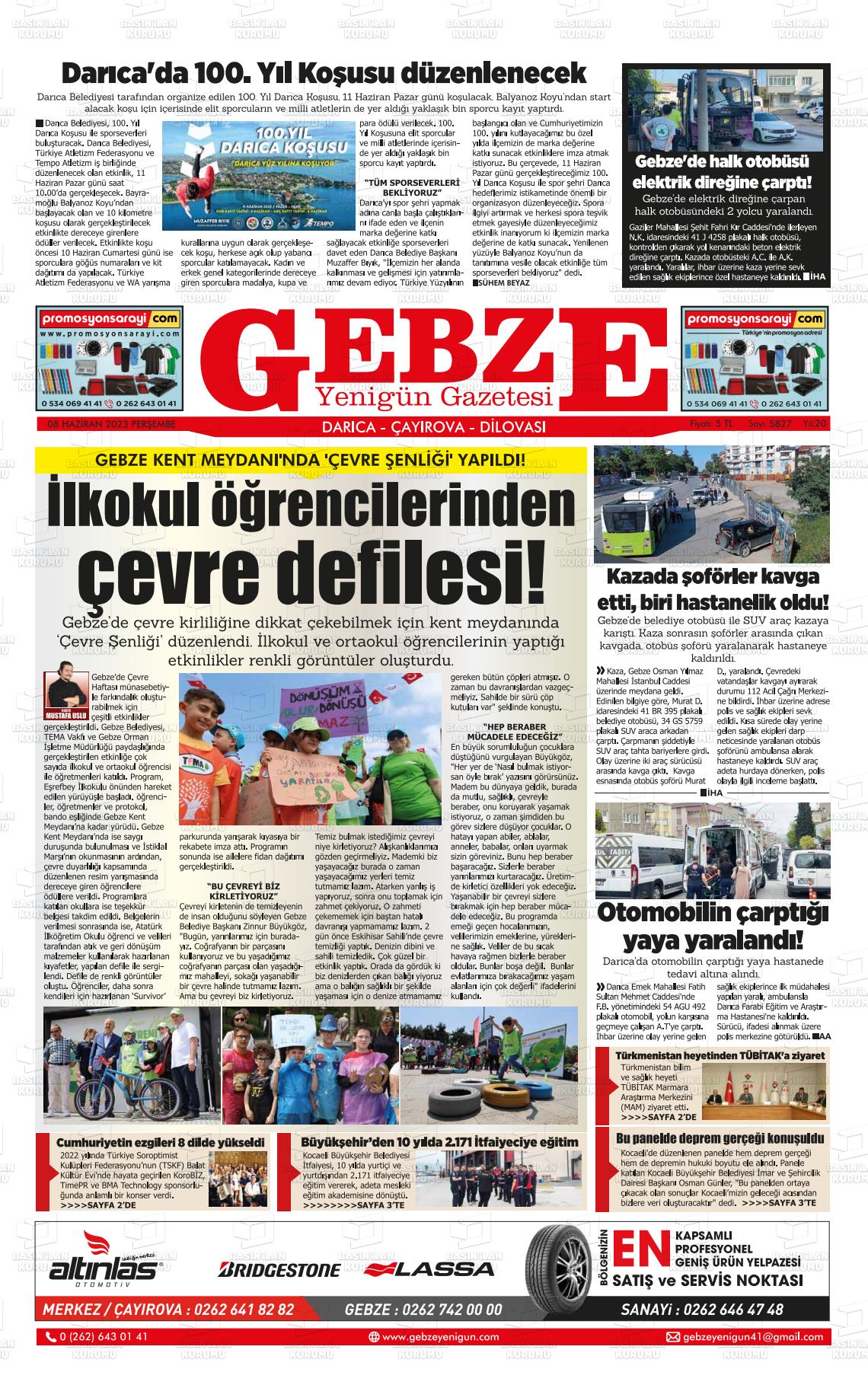 08 Haziran 2023 Gebze Yenigün Gazete Manşeti
