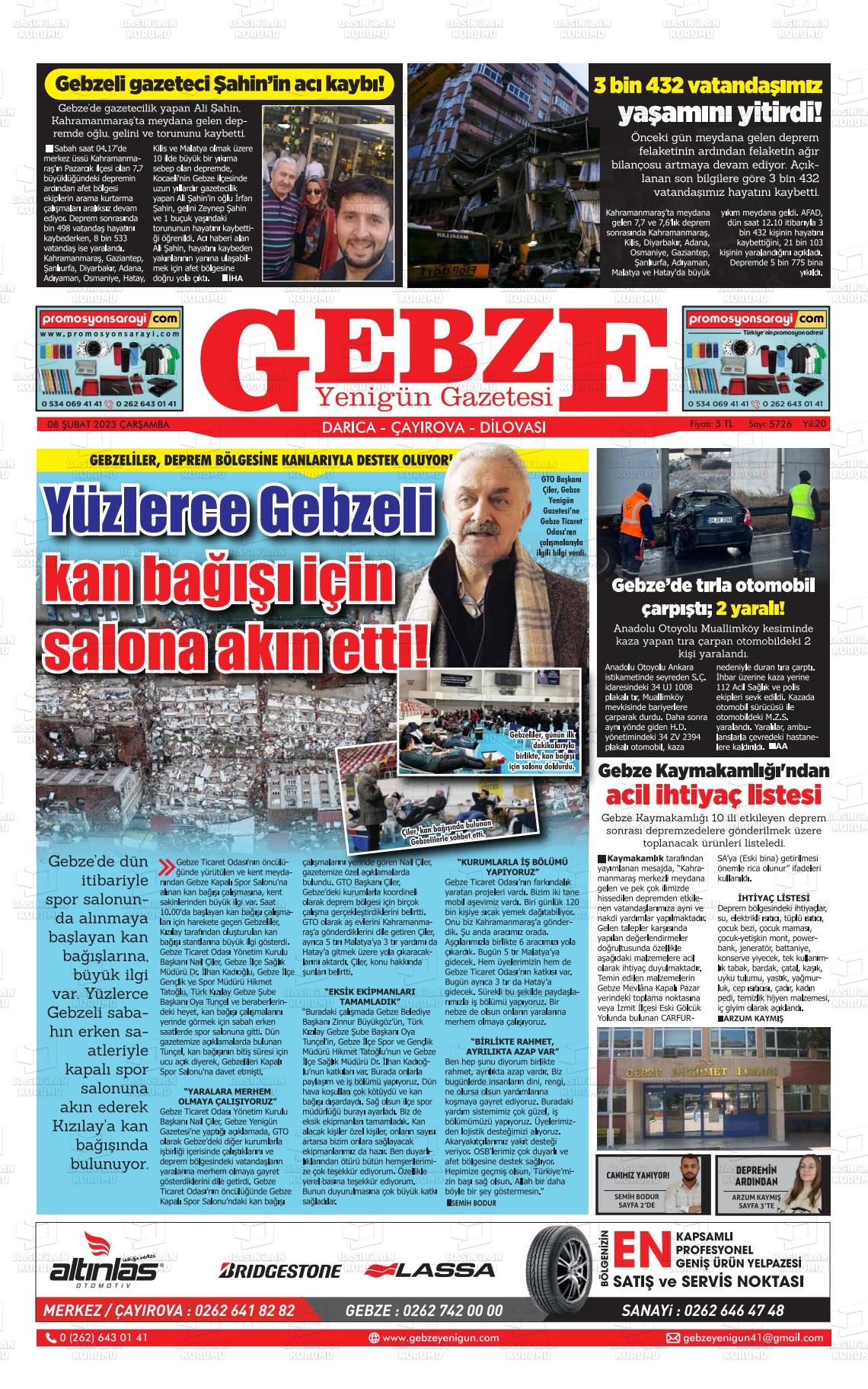 08 Şubat 2023 Gebze Yenigün Gazete Manşeti