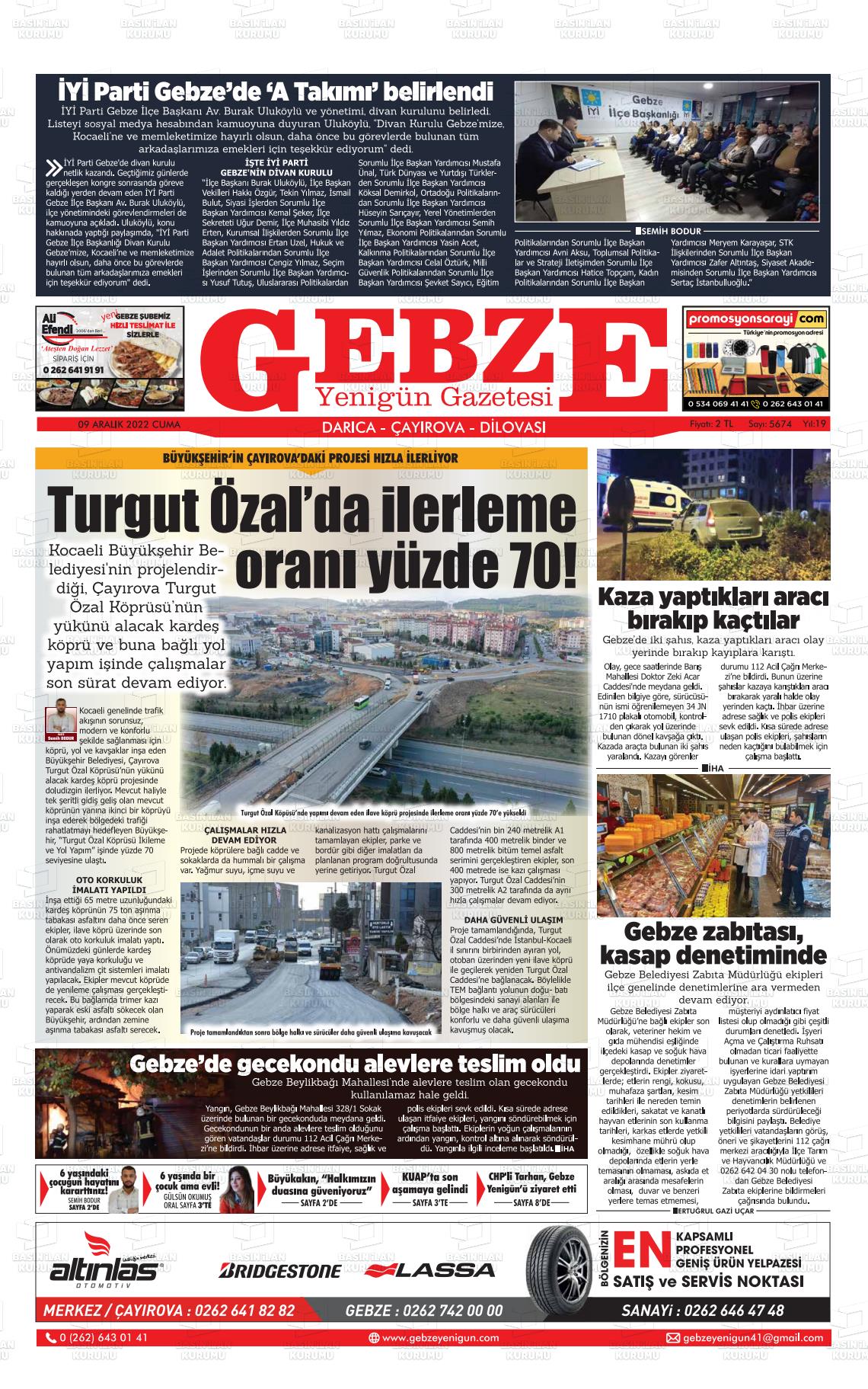 09 Aralık 2022 Gebze Yenigün Gazete Manşeti