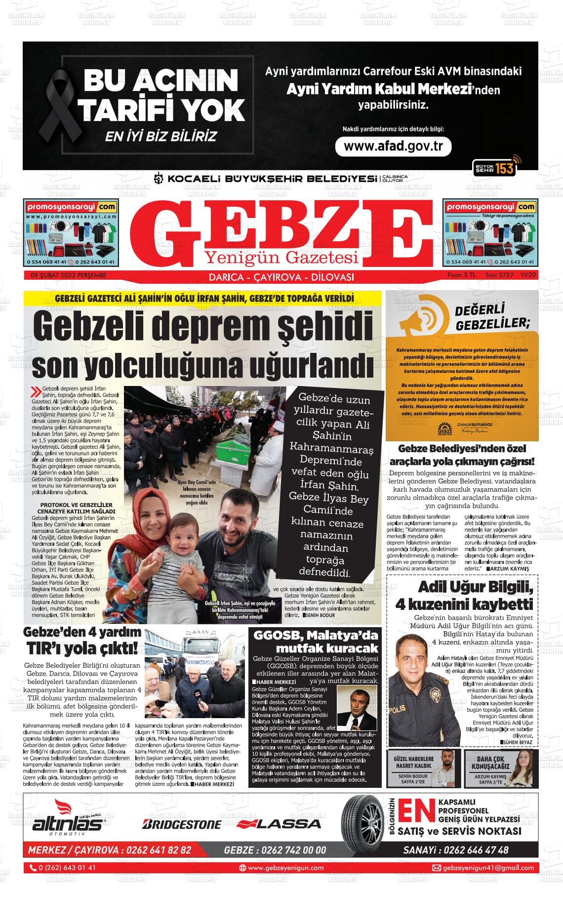 09 Şubat 2023 Gebze Yenigün Gazete Manşeti