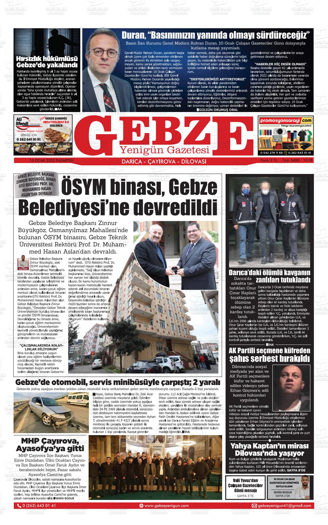 10 Ocak 2022 Gebze Yenigün Gazete Manşeti